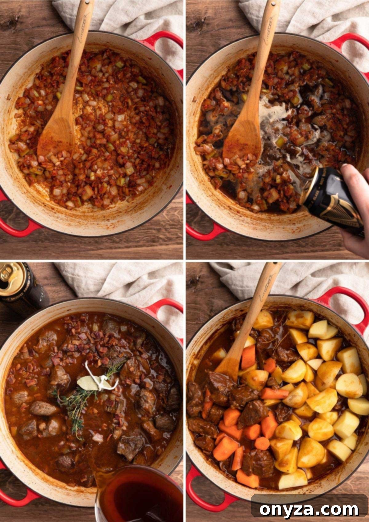 Slow-Cooked Guinness Beef Stew 5 collage of four overhead photos in a Dutch oven. Clockwise: 1- caramelizing the tomato paste, 2 - deglazing the pan with stout, 3 - pouring in beef stock, 4 - adding carrots and potatoes