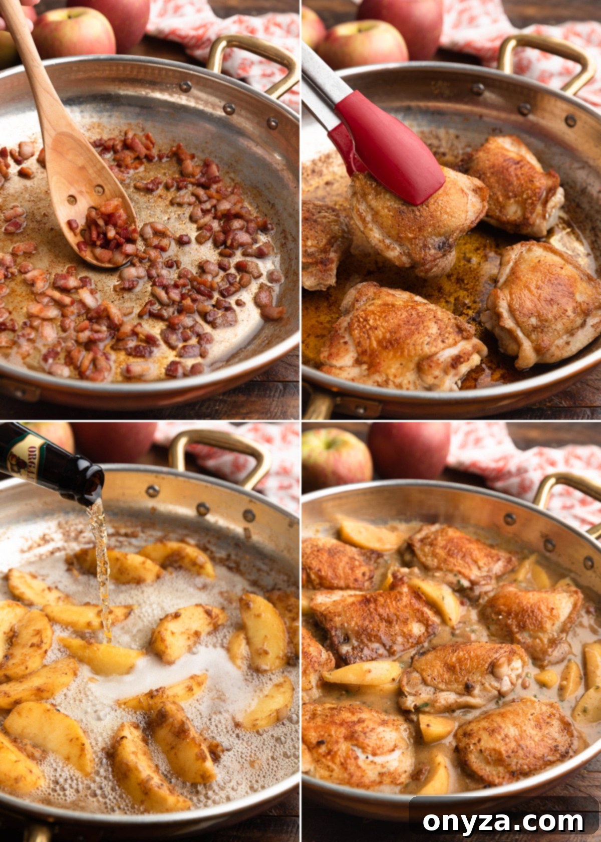 Cider-Braised Chicken with Crispy Bacon and Apples 5 A visual guide showing four key steps in making hard cider chicken: crisping bacon in a pan, searing chicken thighs until golden, pouring hard cider into the pan to deglaze, and finally, chicken and apples simmering in the rich sauce.