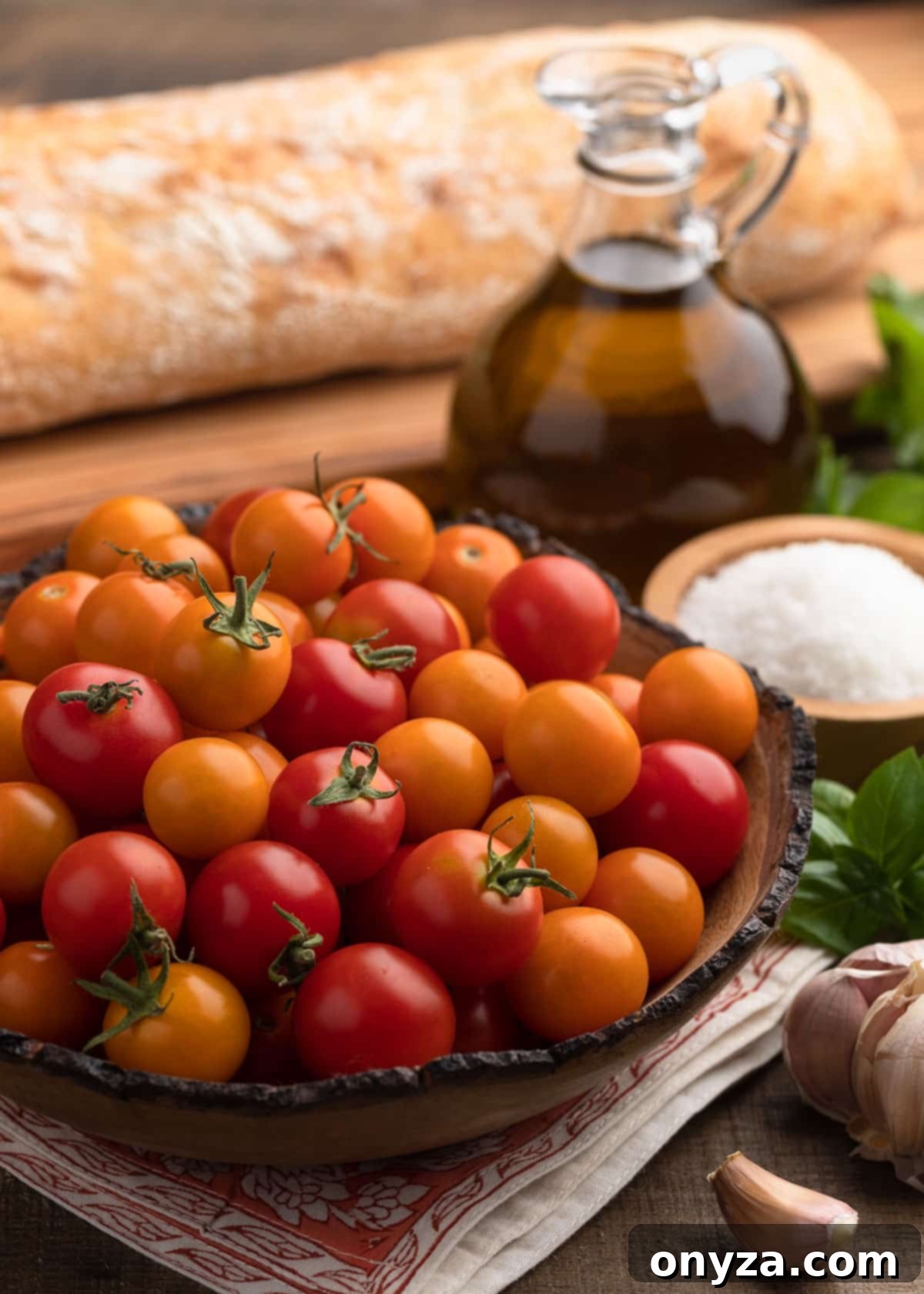 Fresh Cherry Tomato Bruschetta 3 red and orange cherry tomatoes in a wood bowl, surrounded by a bowl of sea salt, a cruet of olive oil, and a loaf of ciabatta.