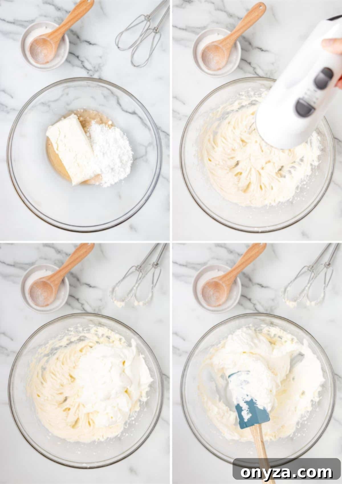 No-Bake Graham Cheesecake Delights 4 Four overhead photos demonstrating the step-by-step process of making no-bake cheesecake filling in a large glass bowl, from initial mixing to final fluffy texture.