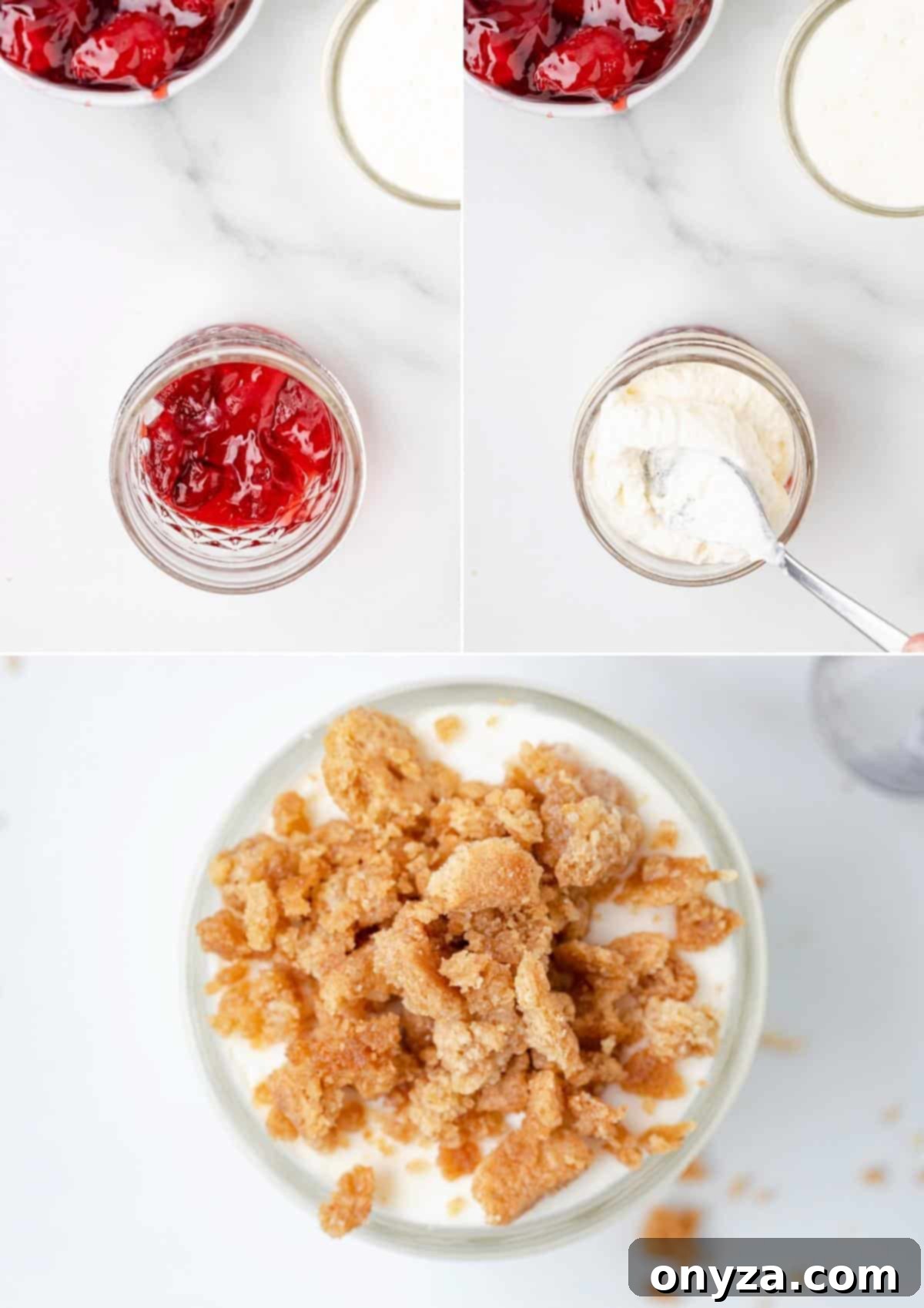 No-Bake Graham Cheesecake Delights 5 Three overhead photos illustrating the clear, step-by-step process of assembling no-bake cheesecake cups, finished with graham crumble topping.