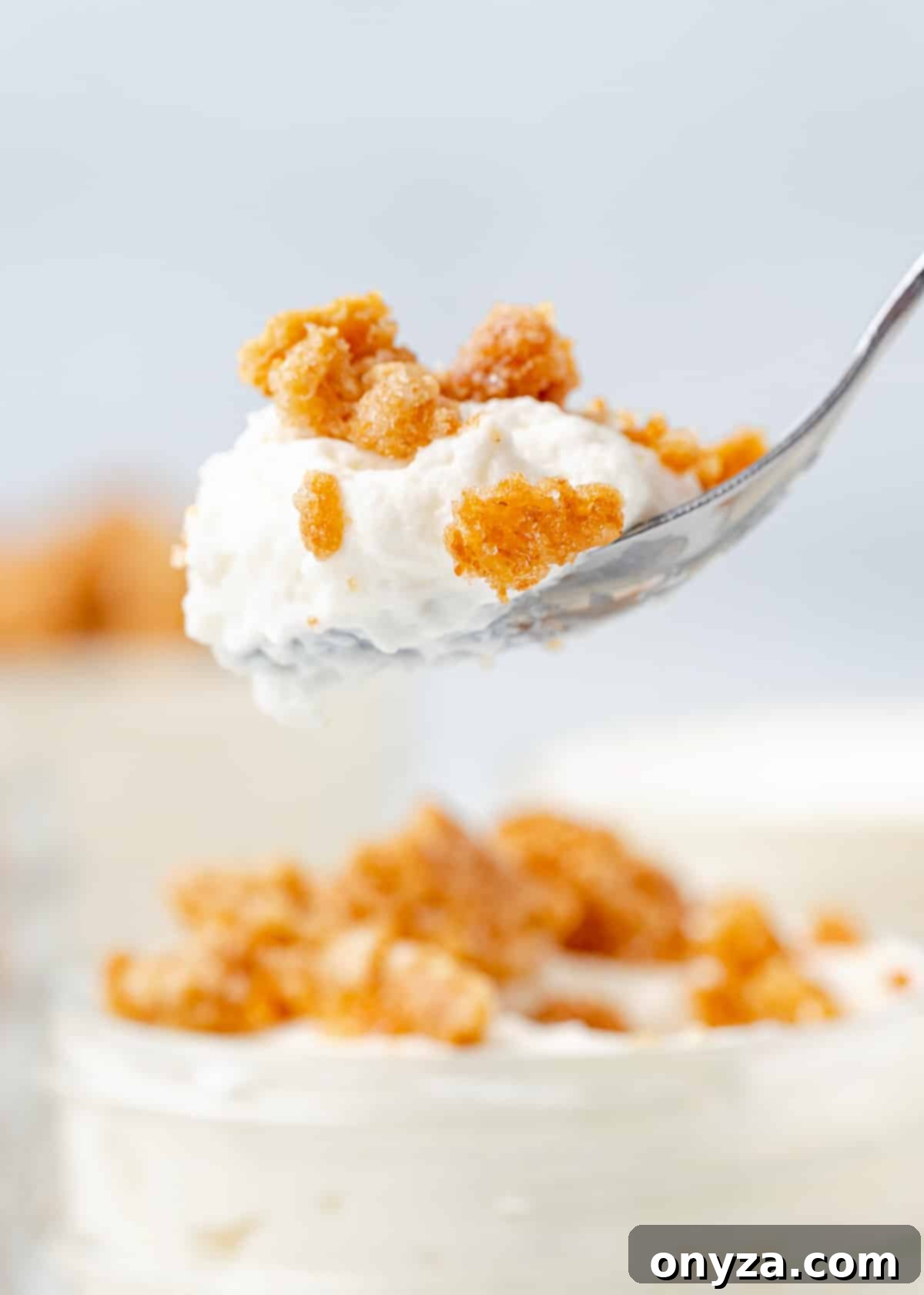 No-Bake Graham Cheesecake Delights 6 A close-up of a spoon scooping into a no-bake cheesecake cup, revealing the creamy filling and a generous amount of graham crumbles.