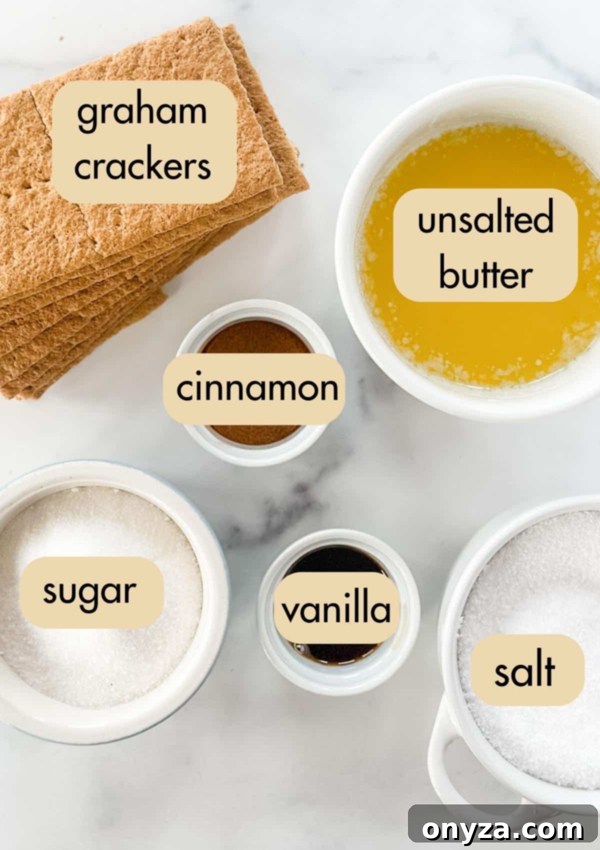 Overhead shot showcasing the simple ingredients needed for a delicious graham cracker crumble: graham crackers, butter, sugar, and spices, laid out on a clean surface.