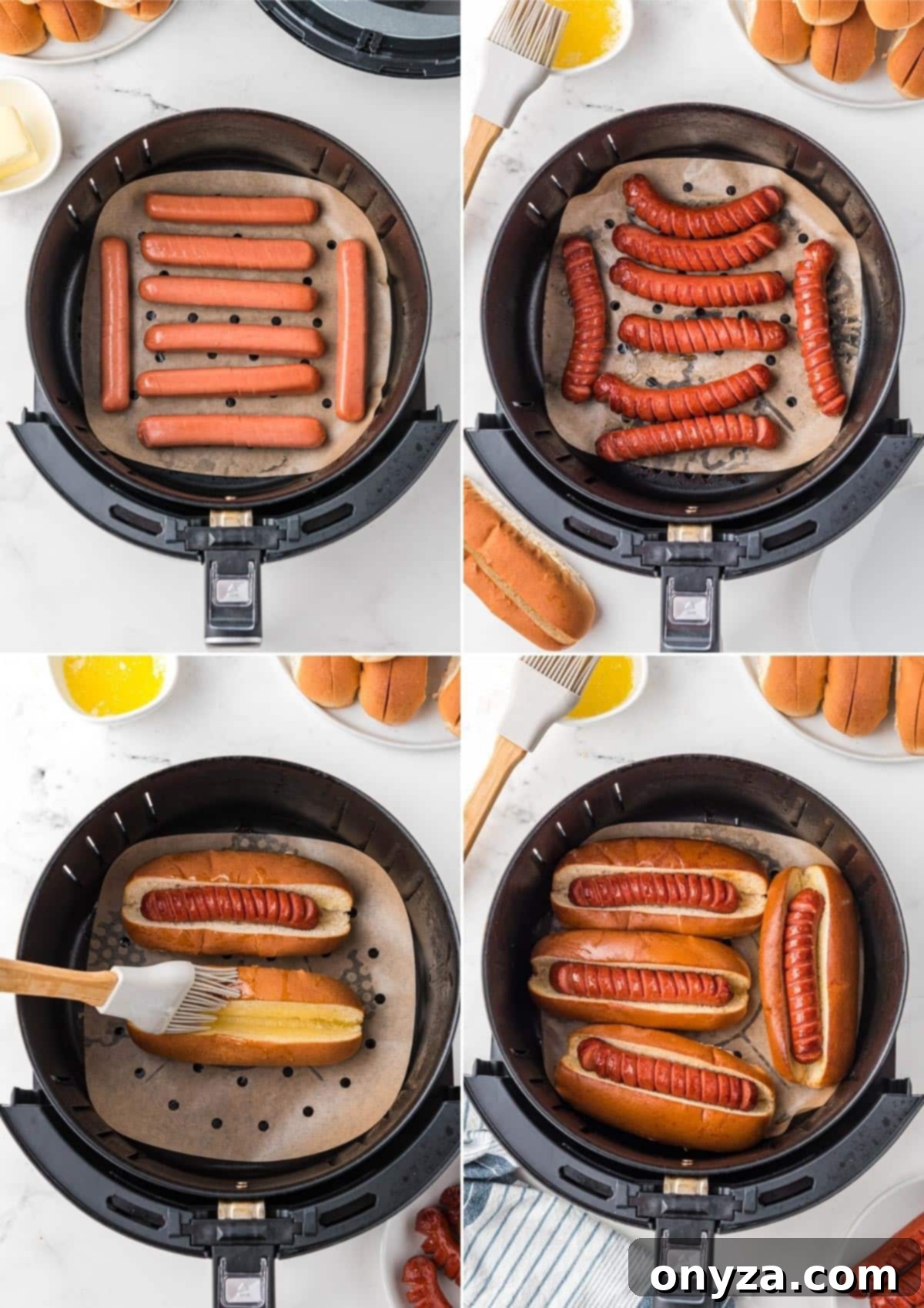 A four-panel collage showing the cooking process of air fryer hot dogs, from scoring the frankfurters to toasting them in buttered buns within the air fryer basket.