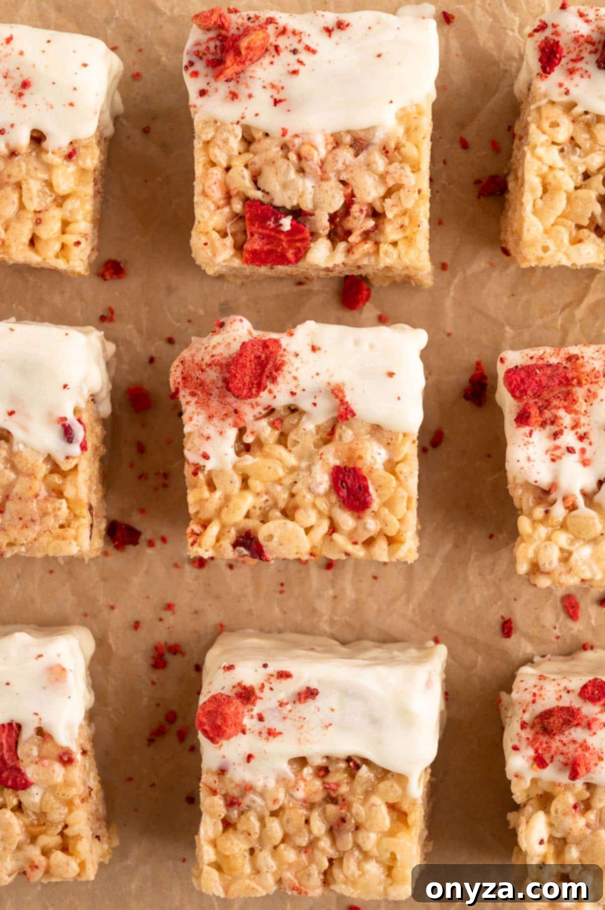 Sweet Strawberry Krispie Delights 2 White chocolate-dipped Strawberry Rice Krispie Treats elegantly arranged on parchment paper