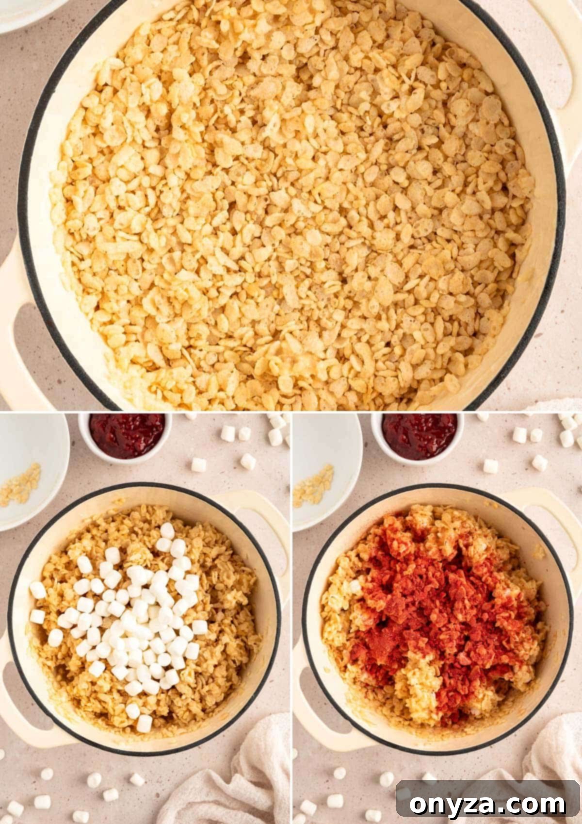 Sweet Strawberry Krispie Delights 6 Three-photo collage showing the preparation of strawberry rice krispie treats: Cereal added to marshmallow mixture (top), extra mini marshmallows (bottom left), and crushed freeze-dried strawberries (bottom right) being incorporated in a white enameled cast iron Dutch oven