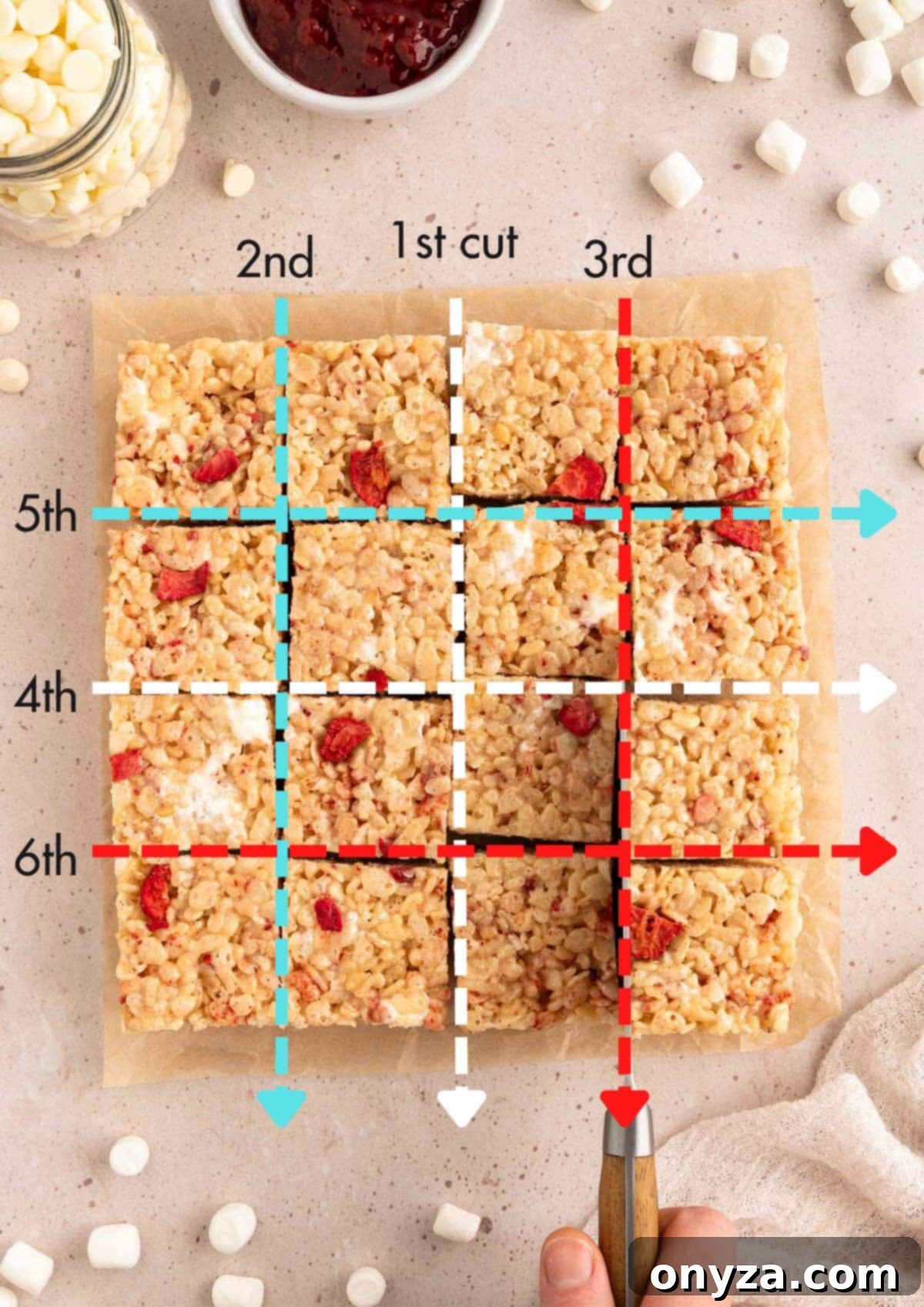 Sweet Strawberry Krispie Delights 8 Overhead photo illustrating the optimal cutting pattern for 16 even Krispie treats from an 8-inch square pan, with colored arrows and text detailing each of the six cuts