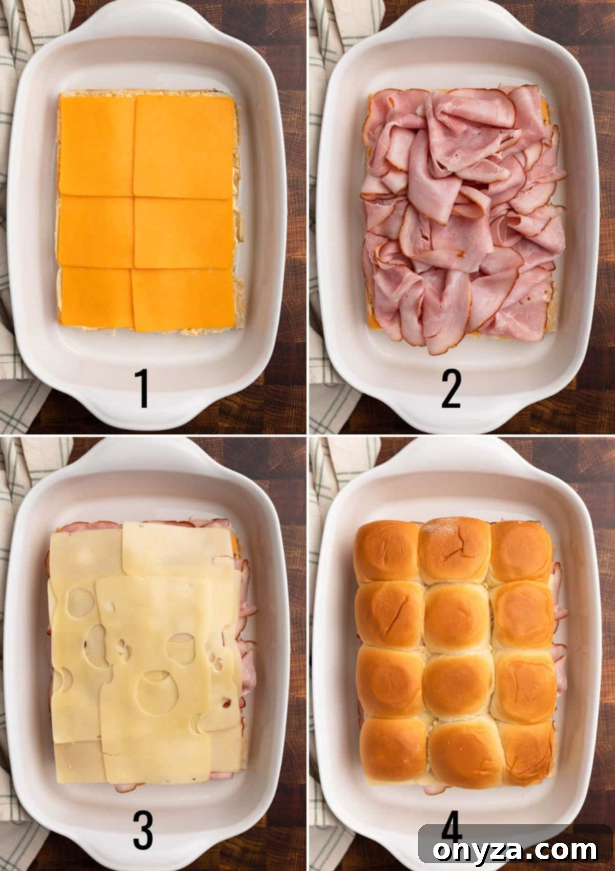 collage of 4 photos showing the process of layering slider buns with cheddar cheese, ham, Swiss cheese, and the bun tops