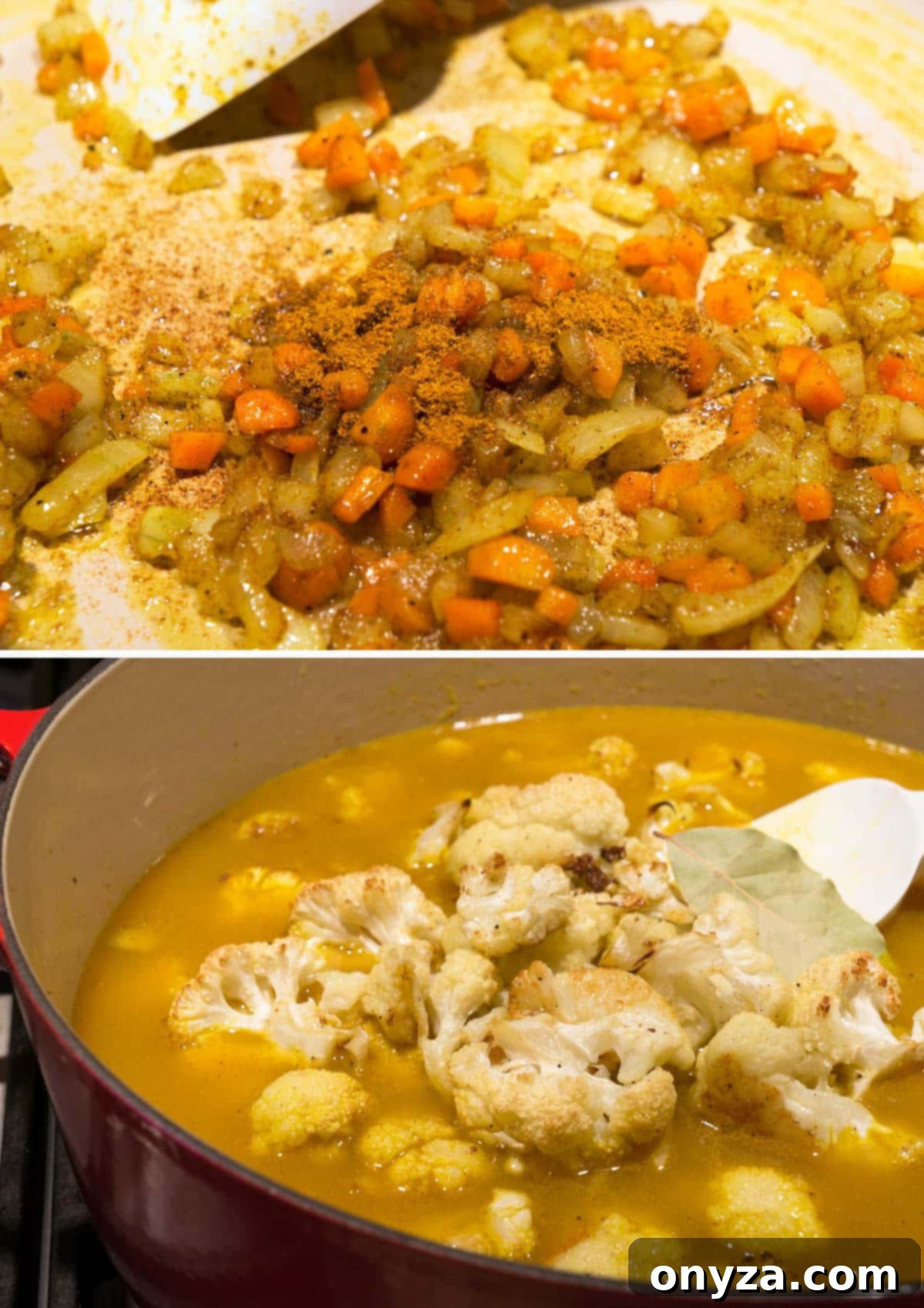 Aromatic Cauliflower Curry Puree 5 A two-part image showing the soup-making process: top depicts sautéing carrots and onions with curry powder in a Dutch oven, bottom shows roasted cauliflower being added to the simmering soup.