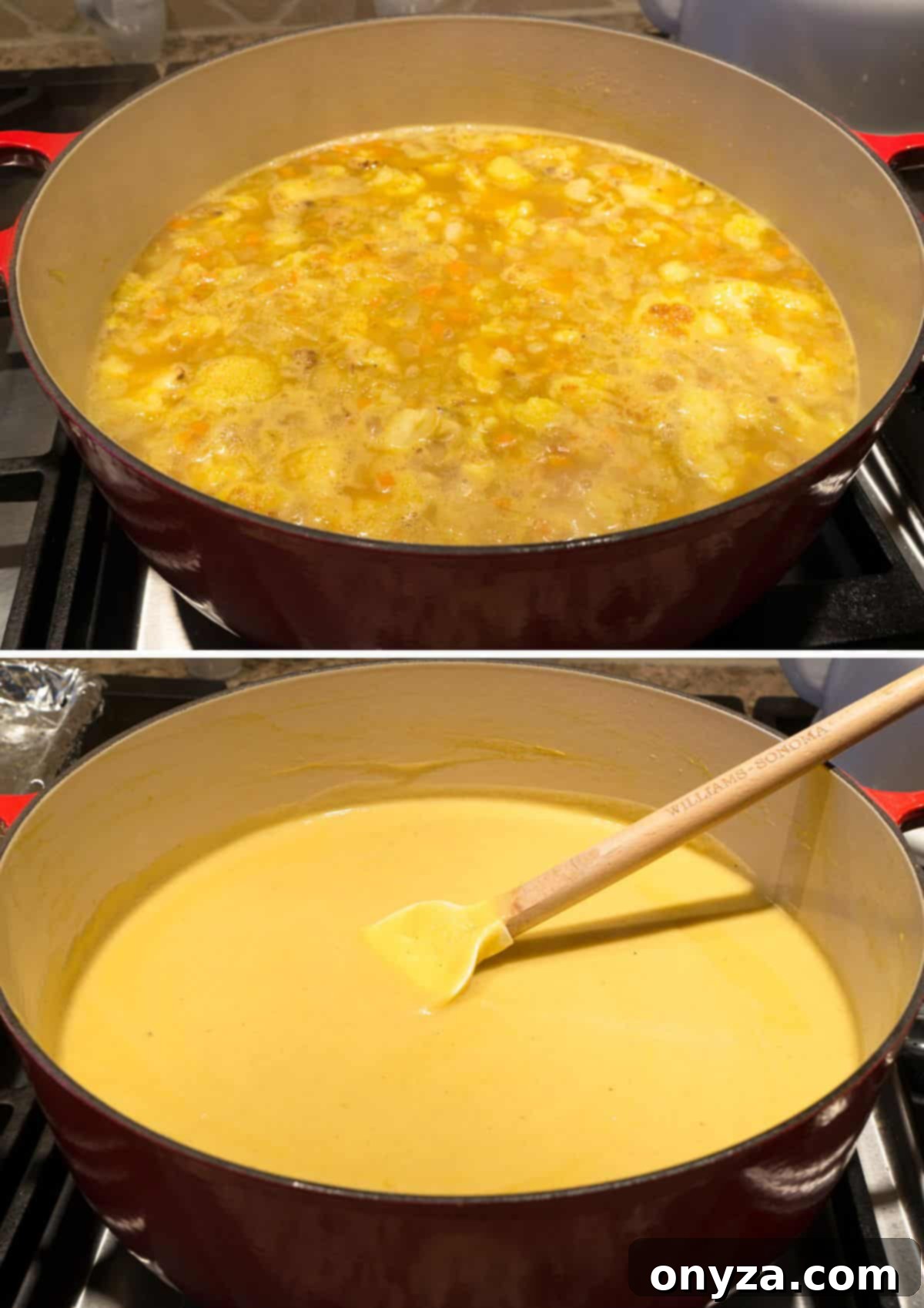 Aromatic Cauliflower Curry Puree 6 A two-part image showing the evolution of the soup: top displays the chunky curried cauliflower soup before puréeing, bottom reveals the smooth, creamy consistency after blending.