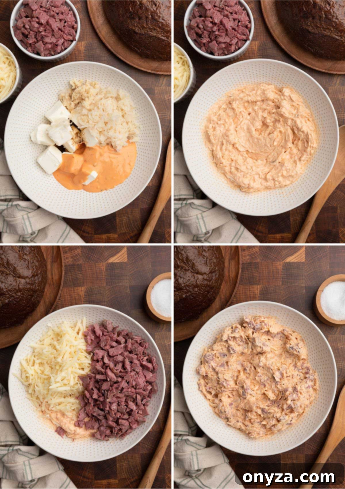 Irresistible Reuben Dip 4 four overhead photos showing the process of mixing reuben dip in an ivory ceramic bowl on a butcher block board