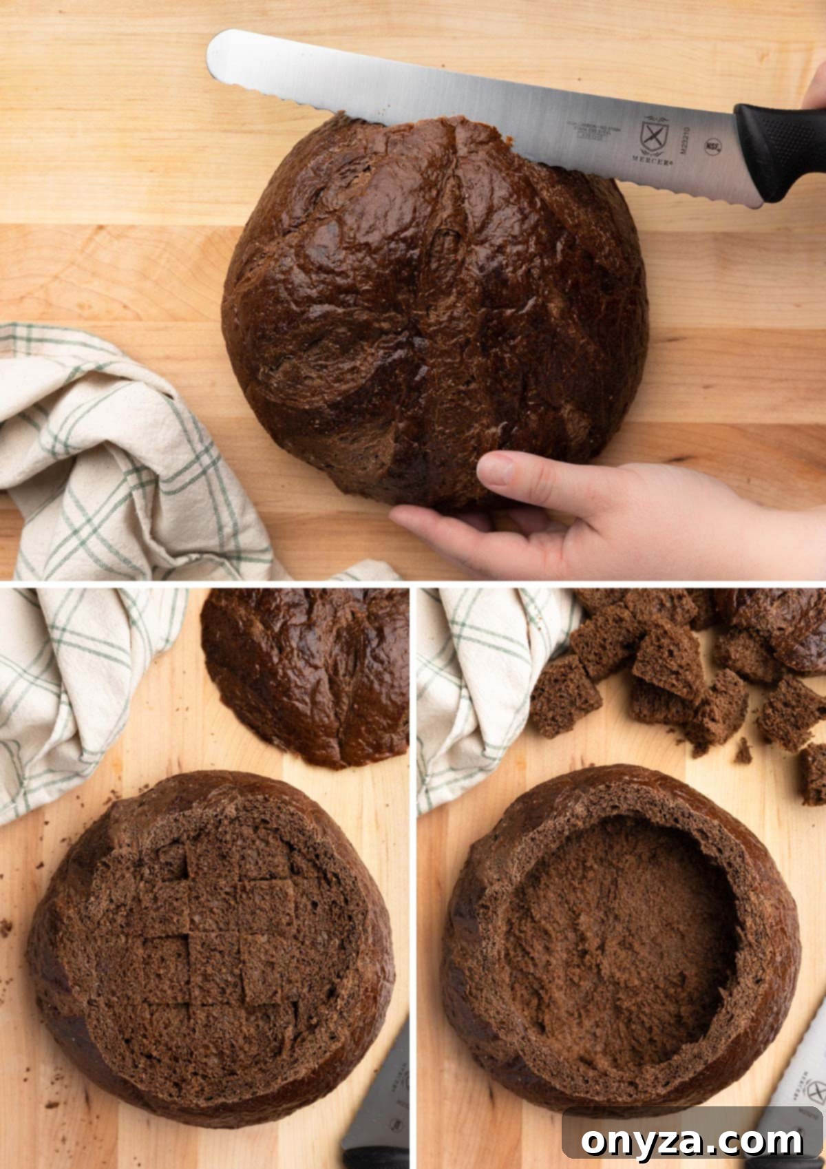 Irresistible Reuben Dip 5 three overhead photos showing the process of making a bread bowl - 1) slicing the top off of the boule, 2) cutting out the inside of the bread, and 3) the hollowed out bread bowl