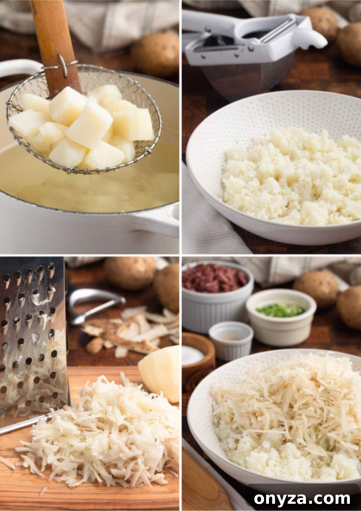 Golden Corned Beef Potato Fritters 4 A four-panel image sequence demonstrating the essential potato preparation steps for corned beef cakes: boiling potato chunks, pushing potatoes through a ricer, grating raw potatoes on a box grater, and squeezing liquid from the grated potatoes in a towel.