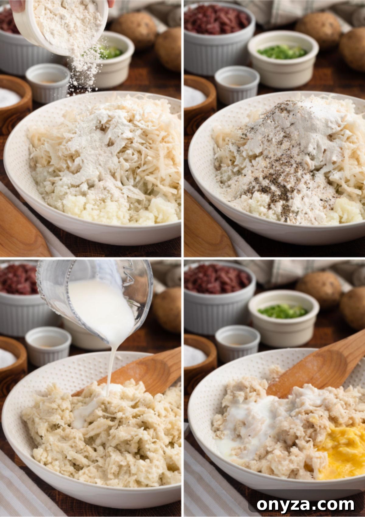 Golden Corned Beef Potato Fritters 5 A four-panel image demonstrating the batter mixing process for corned beef cakes in an ivory ceramic bowl: combining grated and riced potatoes, adding flour and spices, incorporating buttermilk and egg, and finally folding in diced corned beef and scallions.