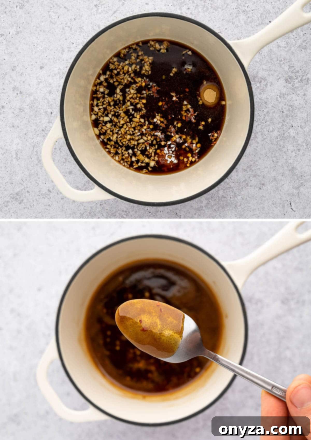 collage of two overhead photos showing honey garlic wing sauce in a saucepan. The second, shows the cooked sauce coating the back of a spoon.