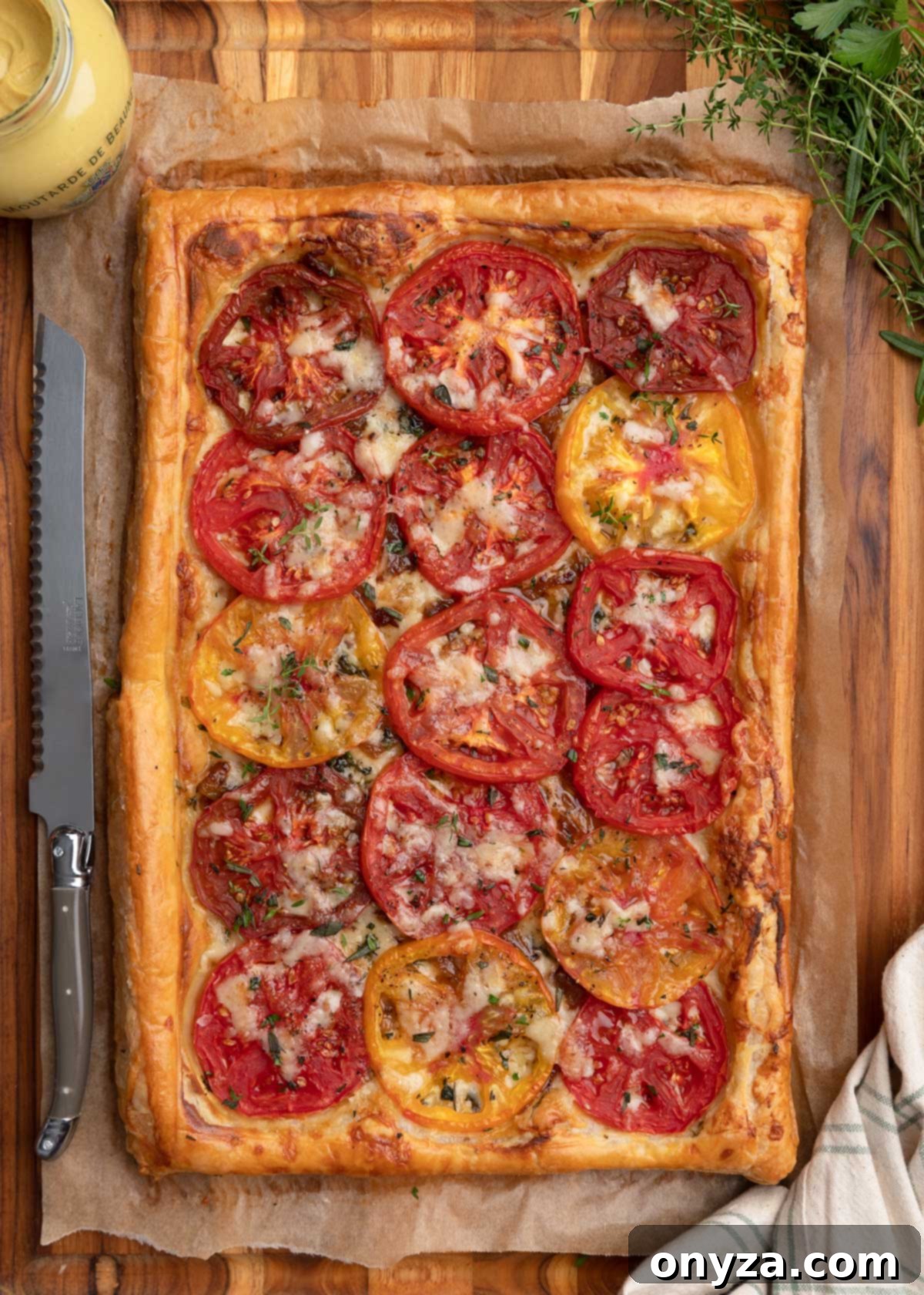 Flaky Tomato Tart 2 overhead photo of a puff pastry tomato tart on a wood cutting board