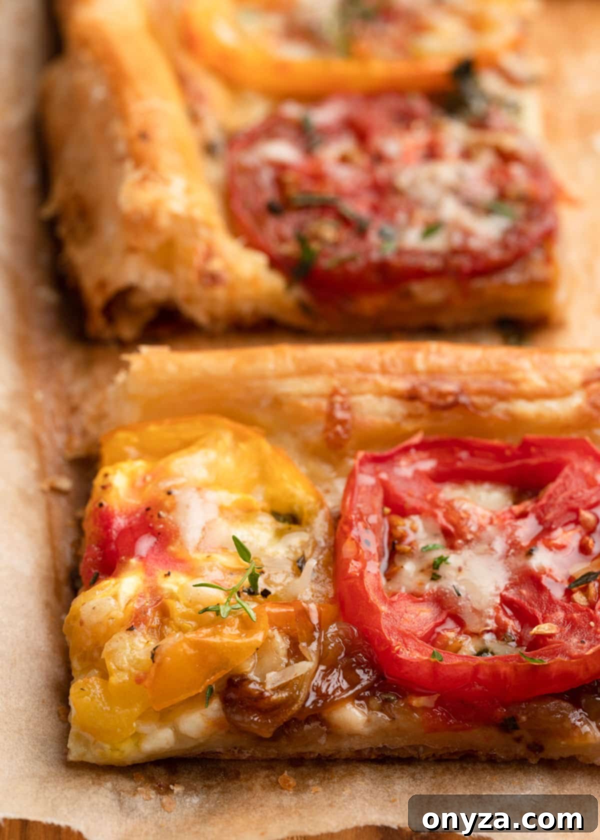 Flaky Tomato Tart 12 closeup of a slice of baked puff pastry tomato tart on parchment paper