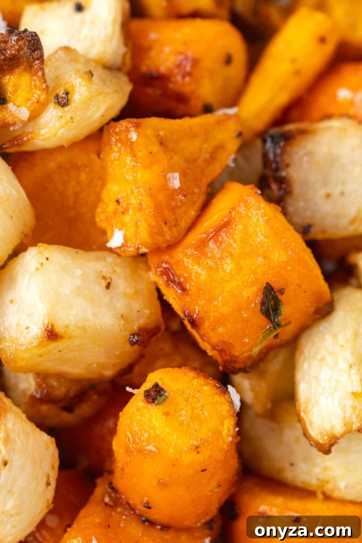 closeup of air fried carrots, turnips, and sweet potatoes sprinkled with sea salt