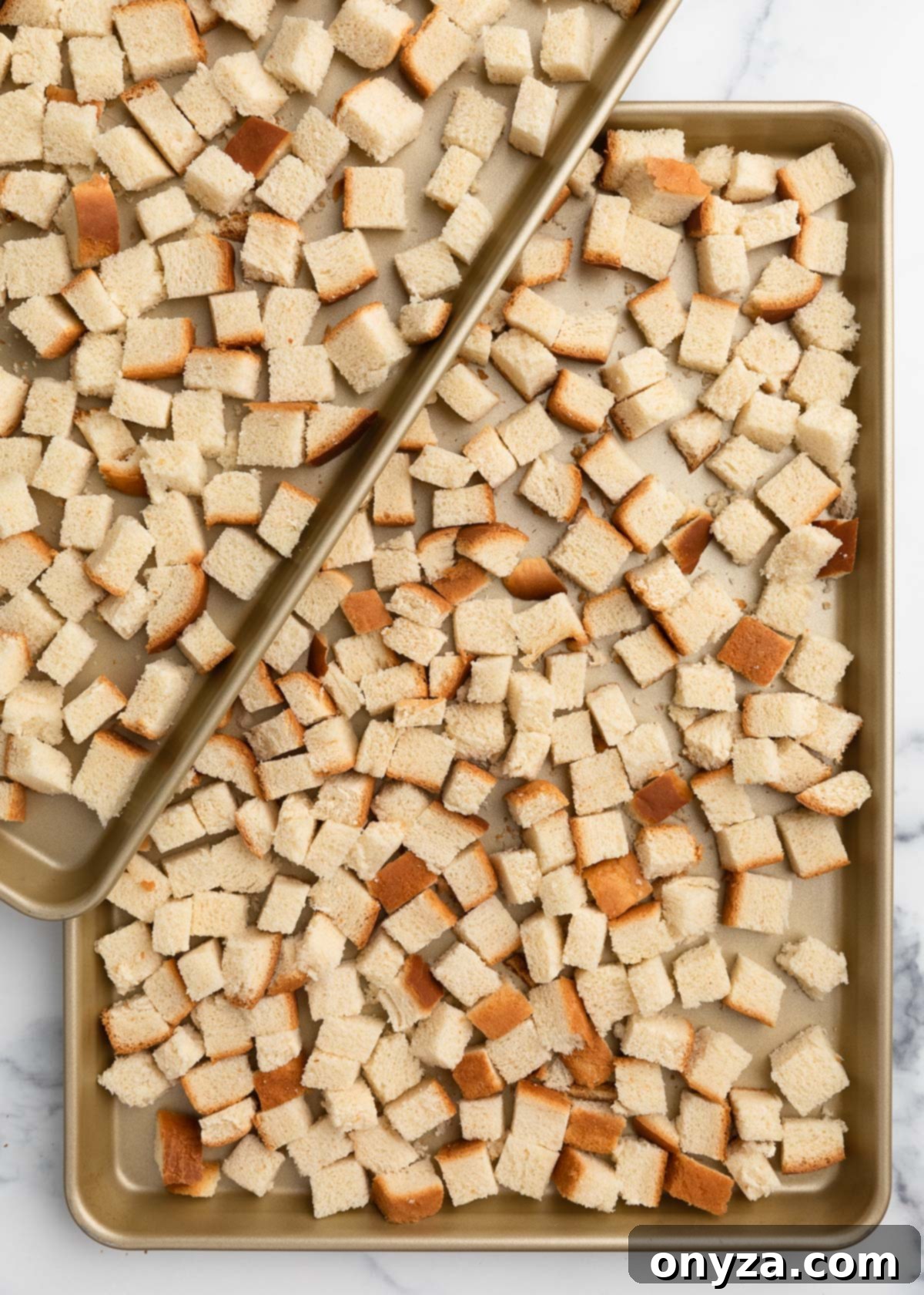 Country white bread cubes spread out evenly on two overlapping half sheet pans, ready for baking.