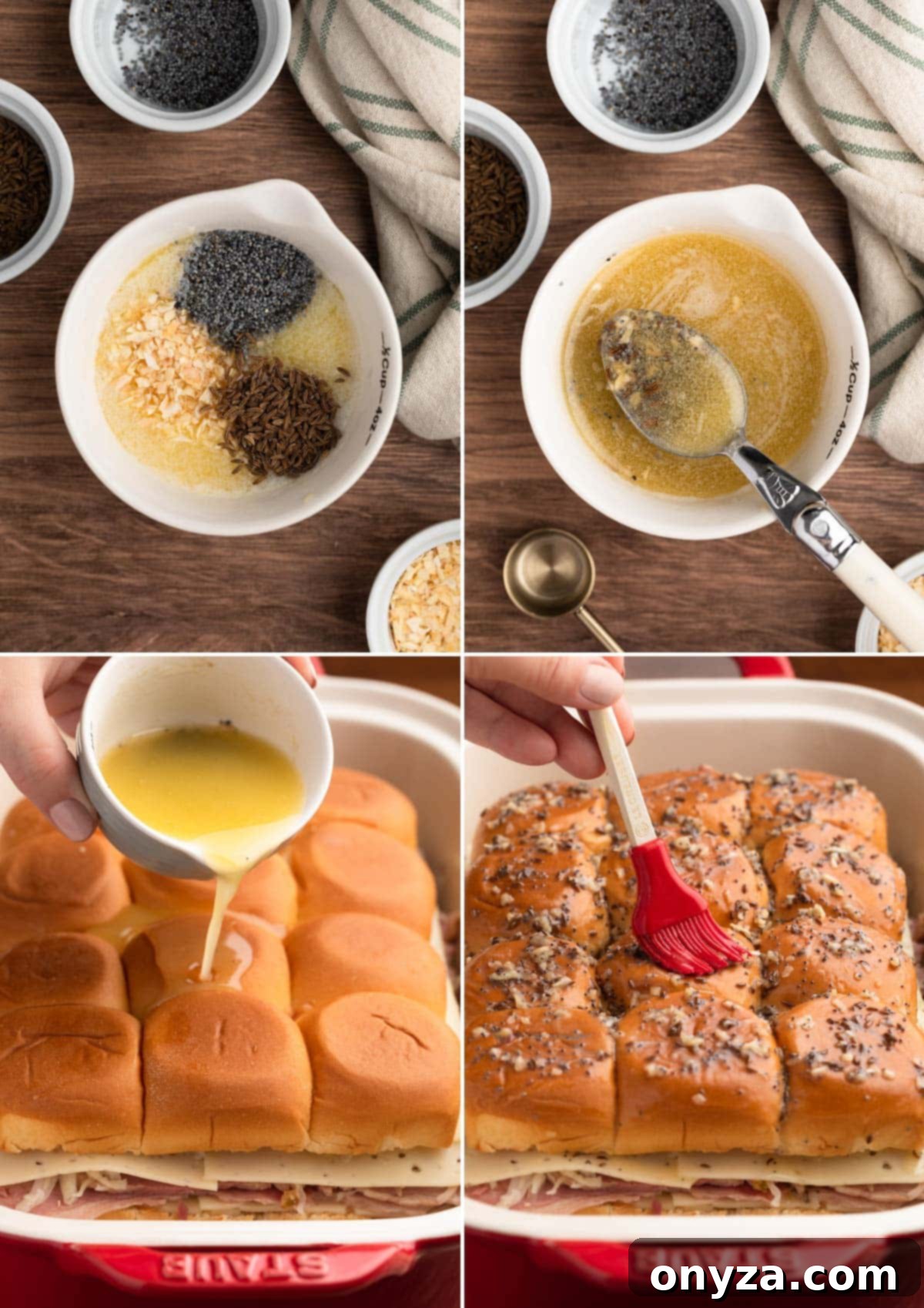 collage of 4 photos showing the process of making melted butter sauce in a bowl and pouring and brushing the sauce over sliders in a ceramic baking dish