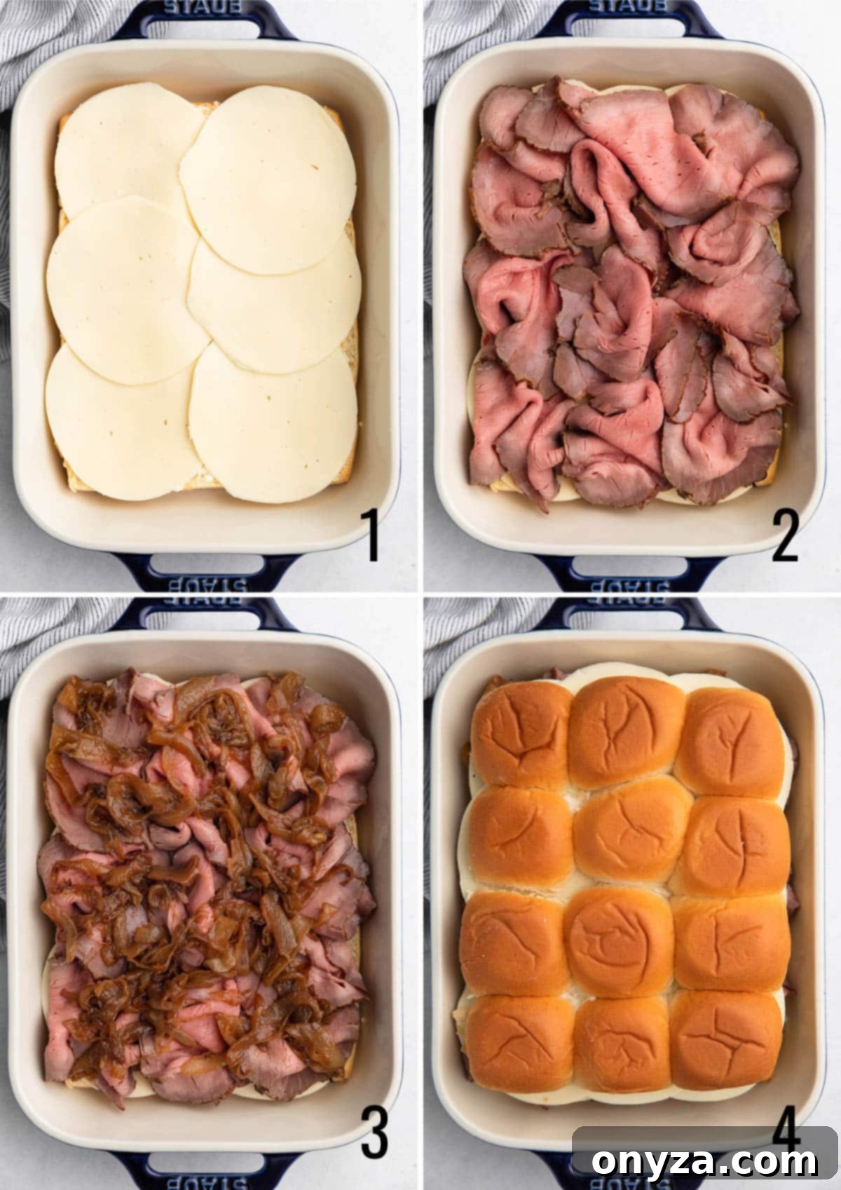 Savory French Dip Sliders 8 collage of 4 photos showing the process of layering French Dip Sliders with provolone, roast beef, caramelized onions, and slider roll tops