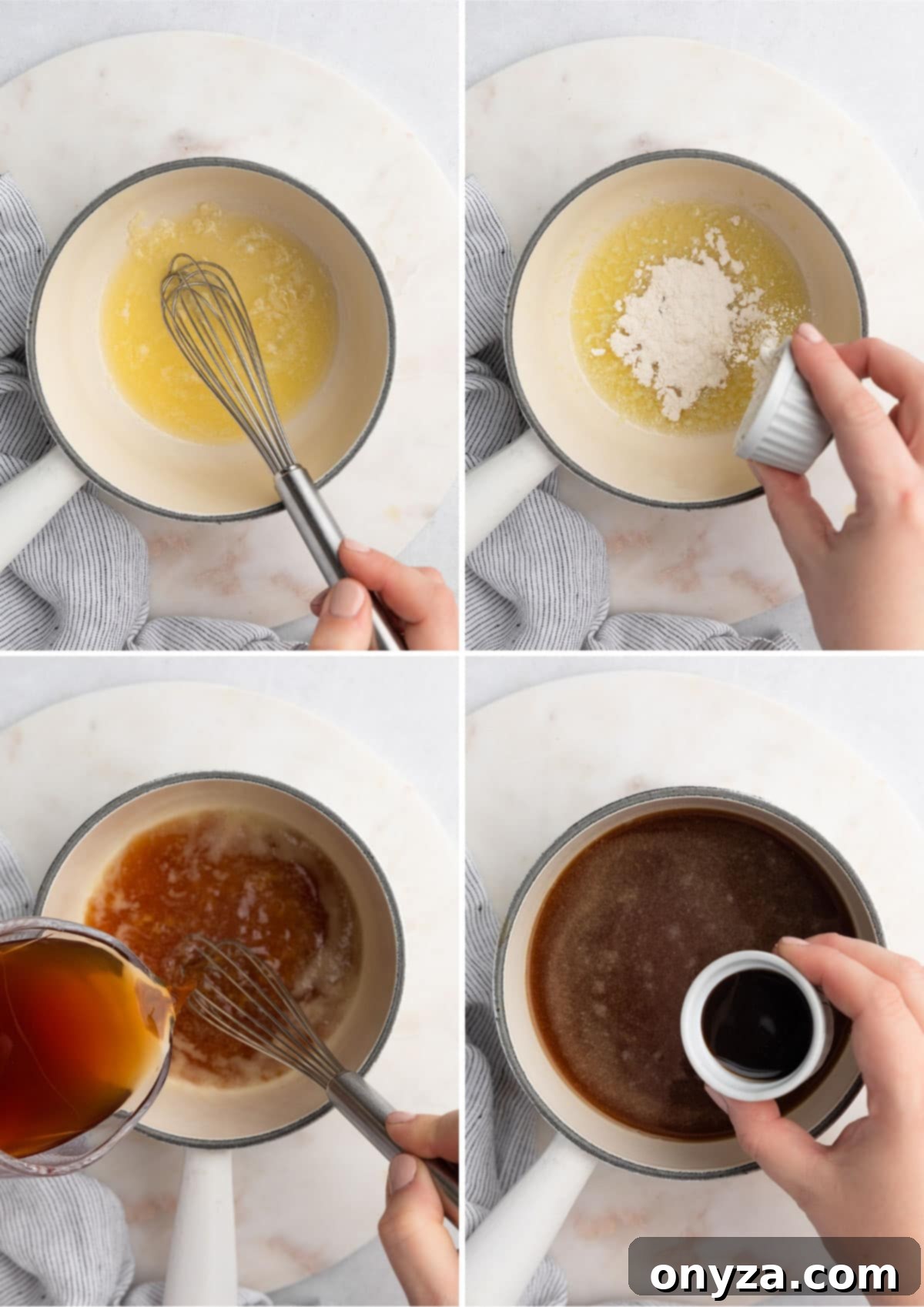 Savory French Dip Sliders 10 collage of 4 overhead photos showing the process of making jus in a white pot