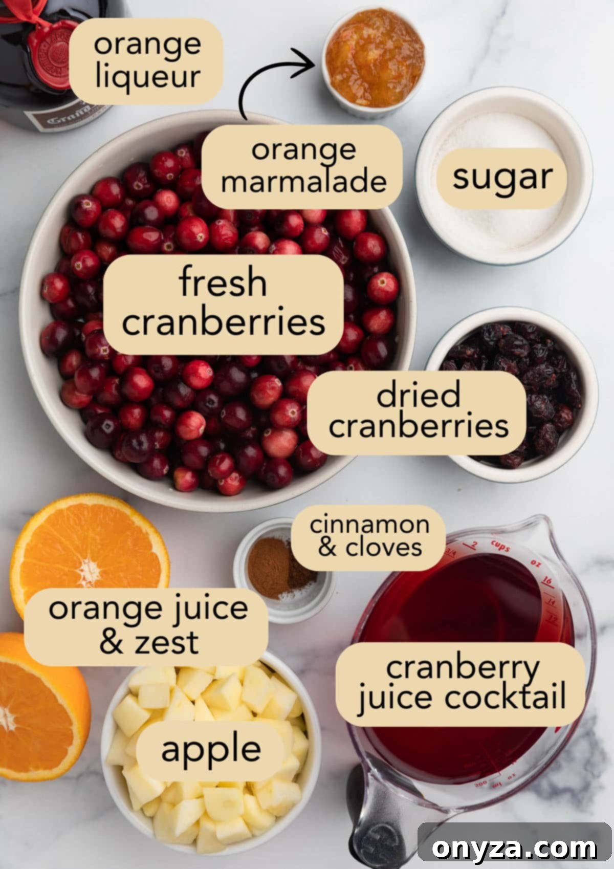 Orchard Citrus Cranberry Sauce 3 An overhead shot showcasing all the fresh ingredients needed for apple orange cranberry sauce, neatly arranged in small bowls on a pristine white marble board, complete with clear text labels for each item.