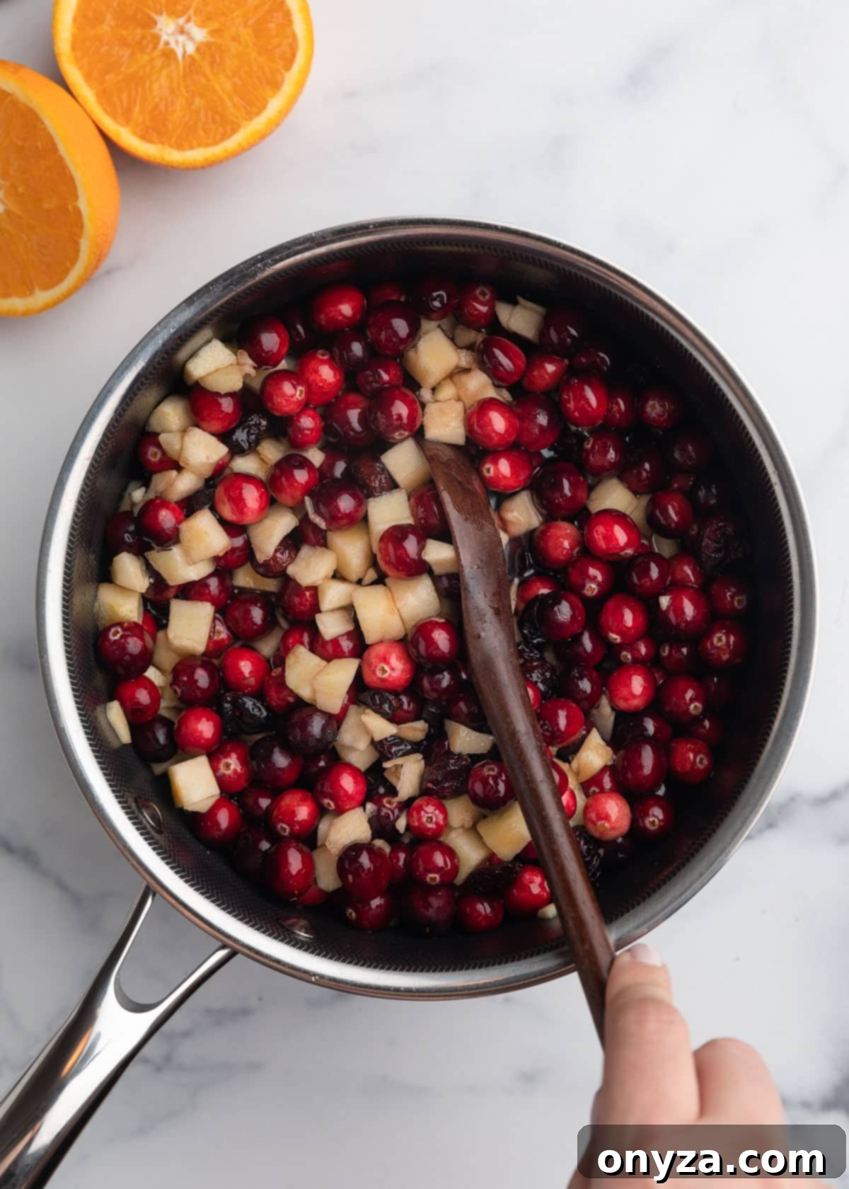 Orchard Citrus Cranberry Sauce 5 A vibrant mix of fresh cranberries, meticulously diced apples, and chewy dried cranberries are being gently stirred into a pot of concentrated cranberry juice with a rustic wooden spoon. The colors promise a delightful blend of flavors.