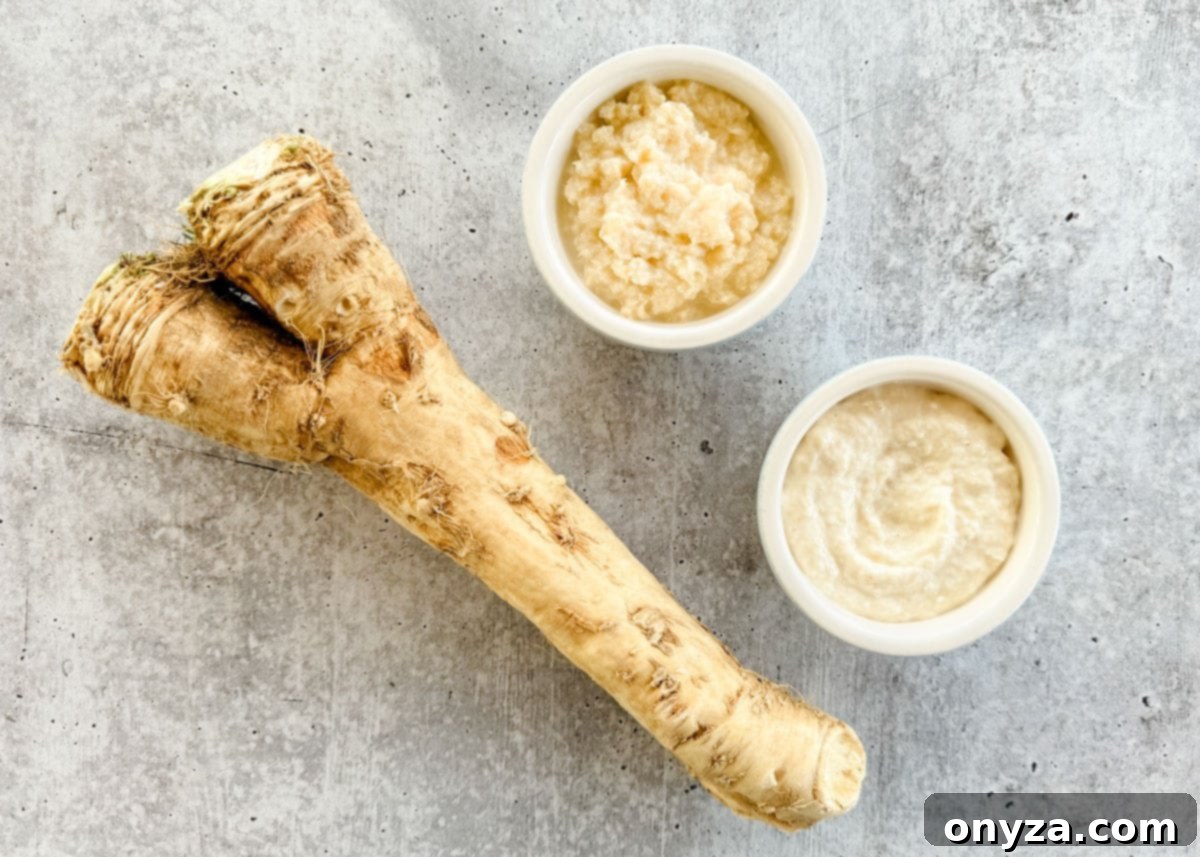 The Fiery Root 2 A visual spread showcasing horseradish root, a bowl of bright prepared horseradish, and a creamy horseradish sauce, arranged on a rustic gray board.