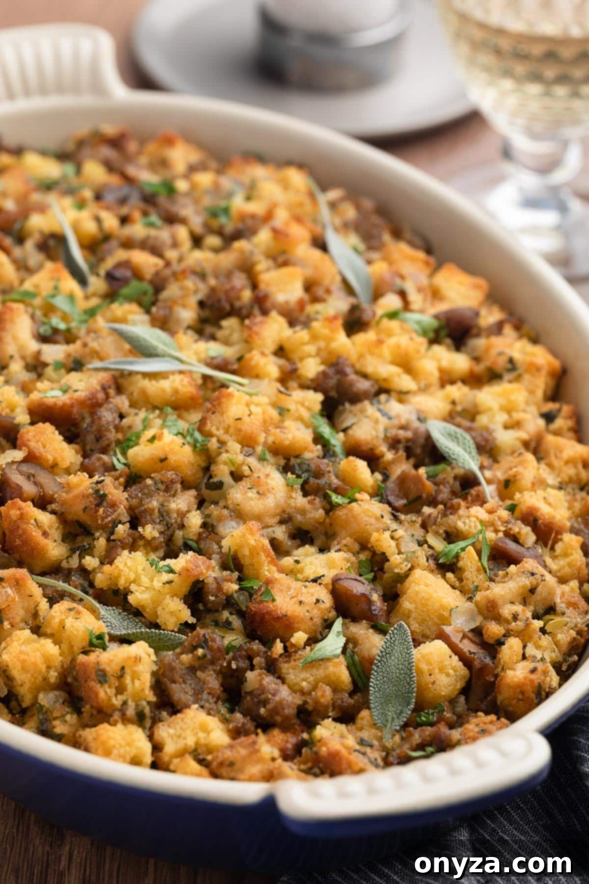 Festive Sausage and Chestnut Stuffing 2 sausage and chestnut stuffing in an oval gratin dish garnished with parsley and sage leaves