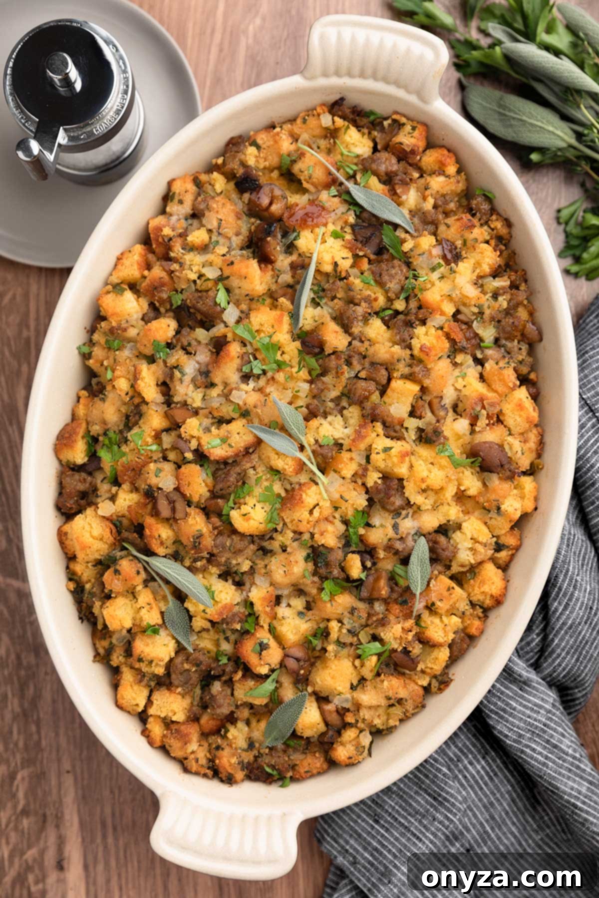 Festive Sausage and Chestnut Stuffing 16 overhead of baked sausage and chestnut stuffing in an oval gratin dish on a wooden board