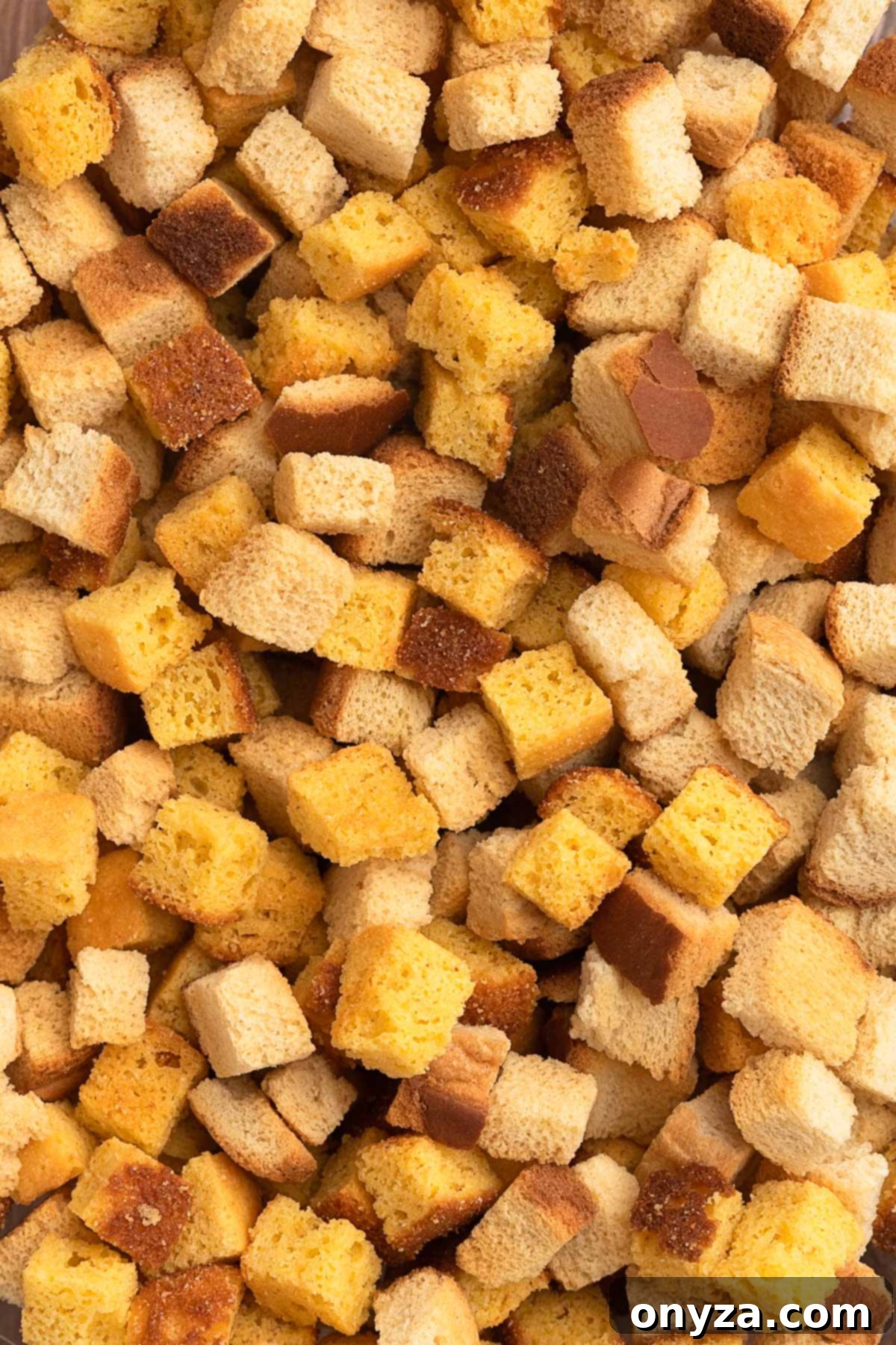 Festive Sausage and Chestnut Stuffing 6 close up of cornbread and white bread croutons mixed together