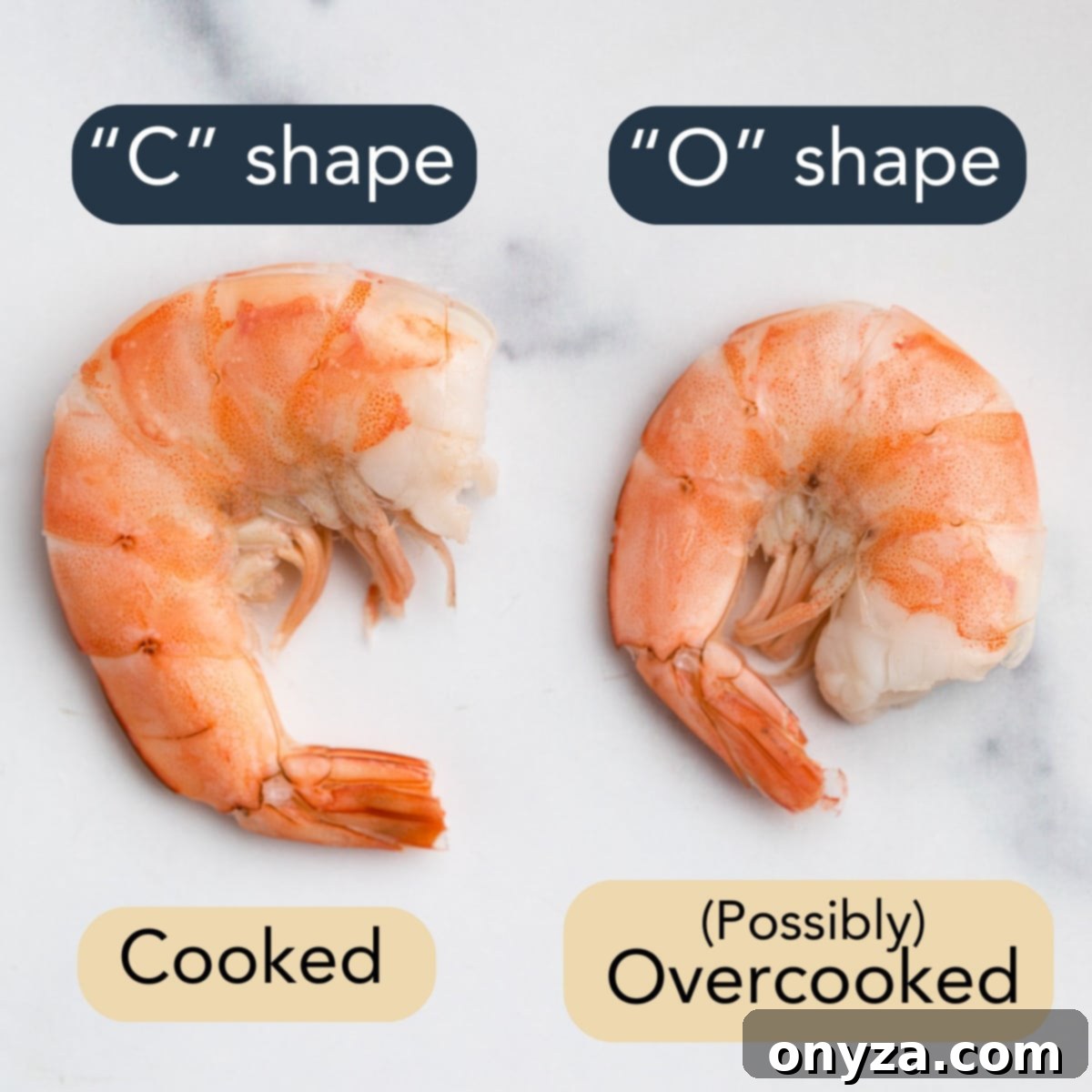 Educational photo illustrating the difference between a perfectly cooked 'C' shaped shrimp and a potentially overcooked 'O' shaped shrimp, with clear text labels.