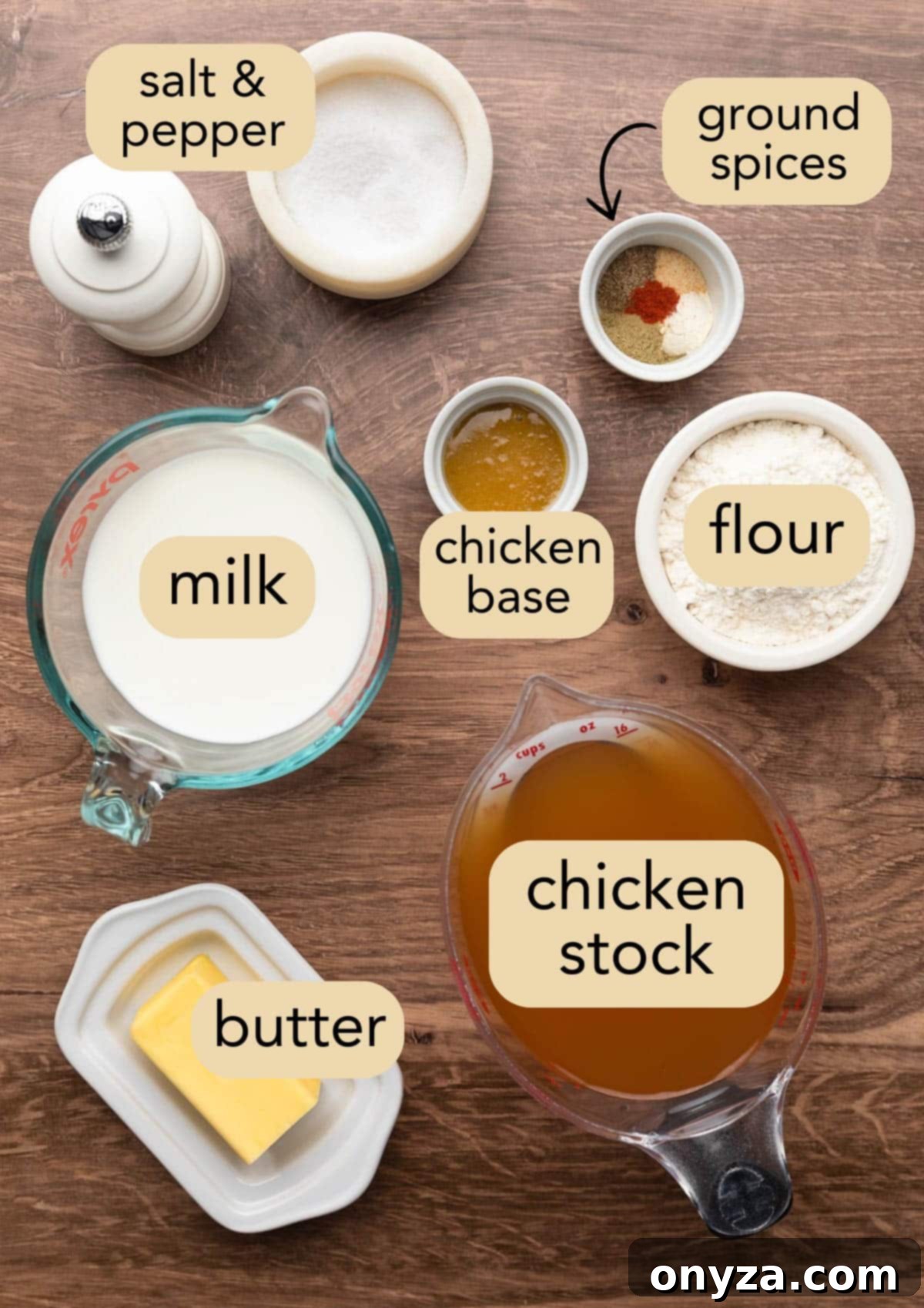 overhead of ingredients needed to make condensed cream of chicken soup in bowls and measuring cups on a wooden board with text label overlays