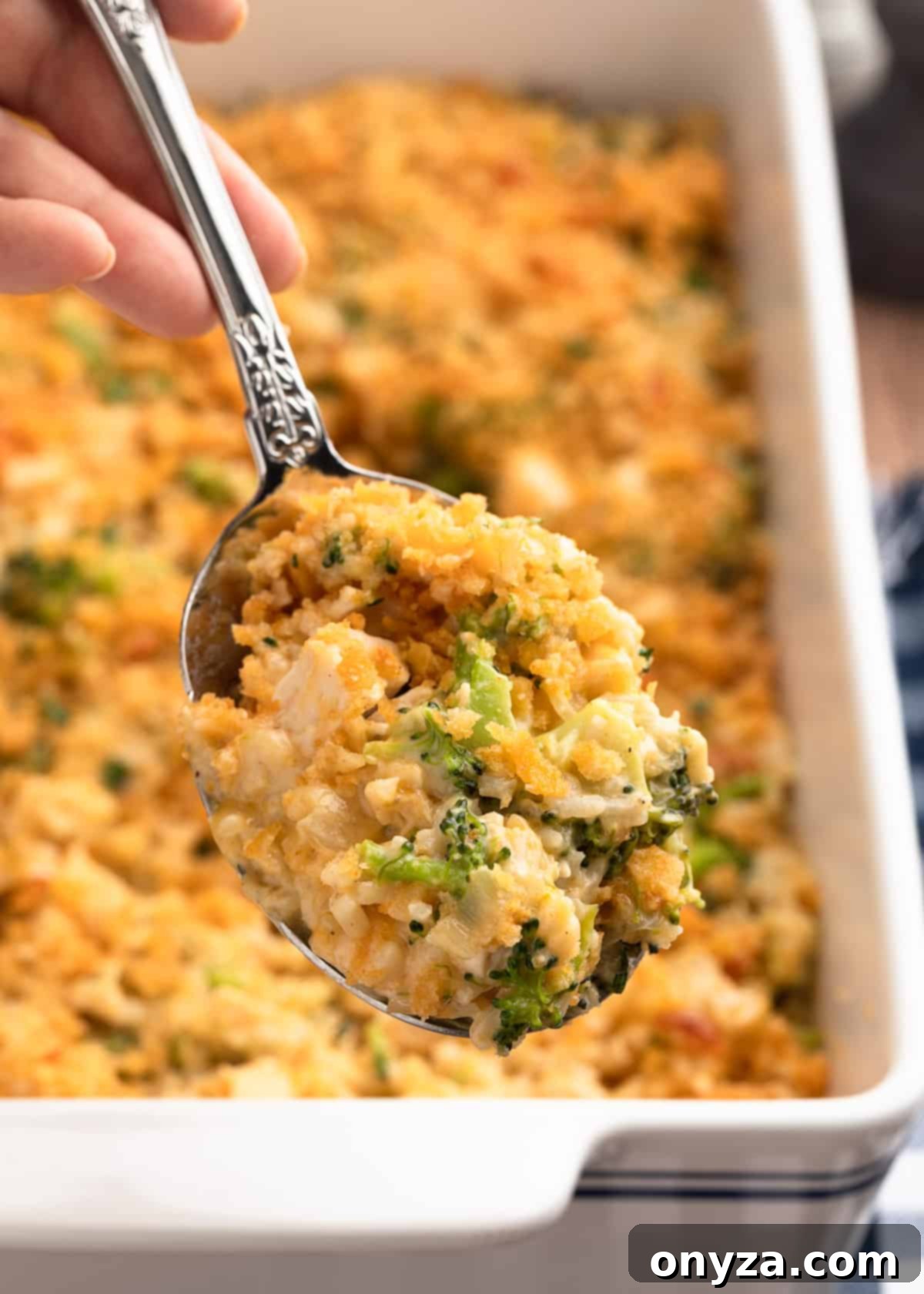 A generous scoop of creamy Chicken Broccoli Rice Casserole presented on a silver serving spoon, highlighting the rich texture and delicious ingredients.