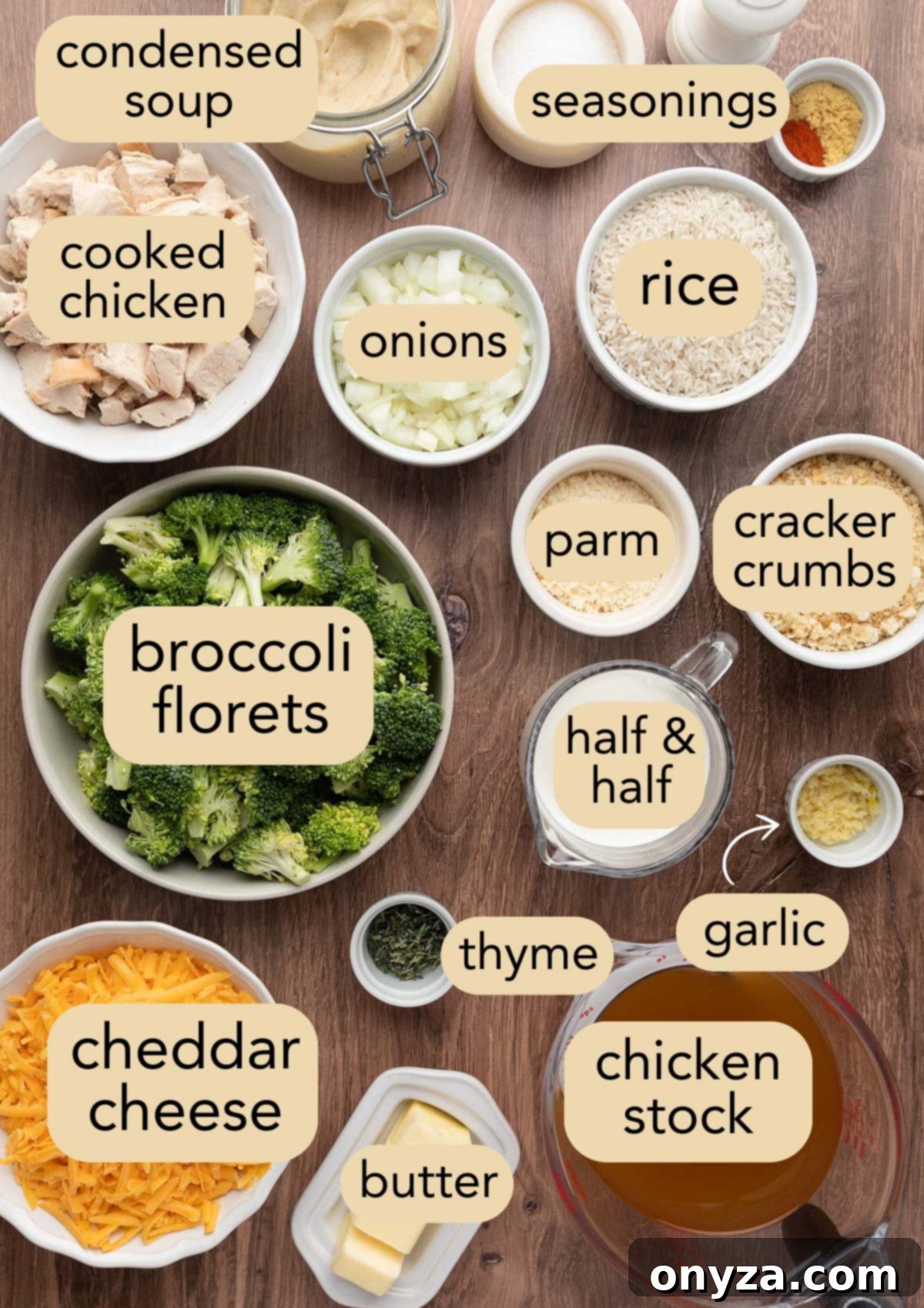 Overhead view of all ingredients prepped in separate bowls on a rustic wood board, ready to be combined for Chicken Broccoli Rice Casserole.