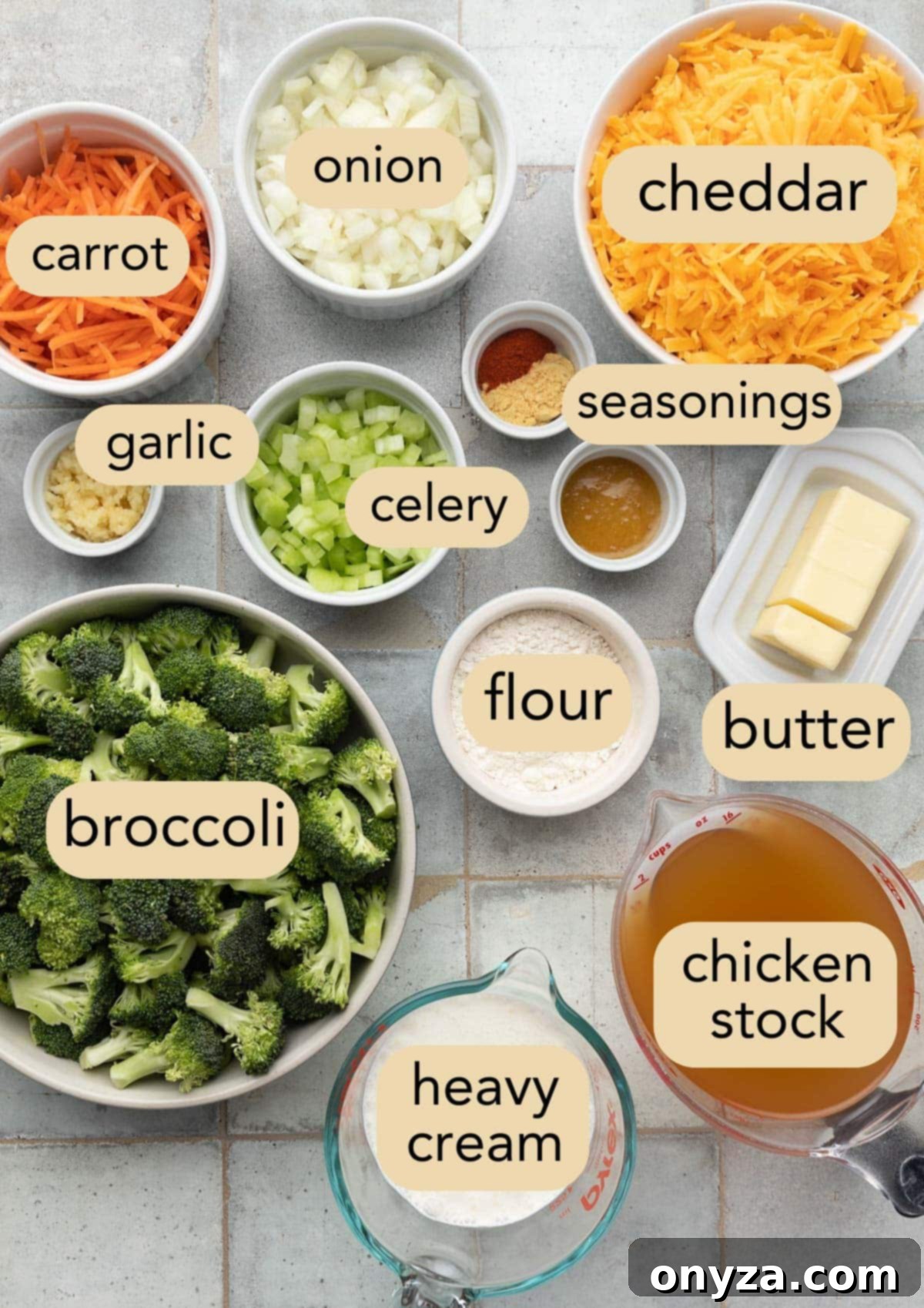 overhead of ingredients for Broccoli Cheddar Soup in bowls with text label overlays