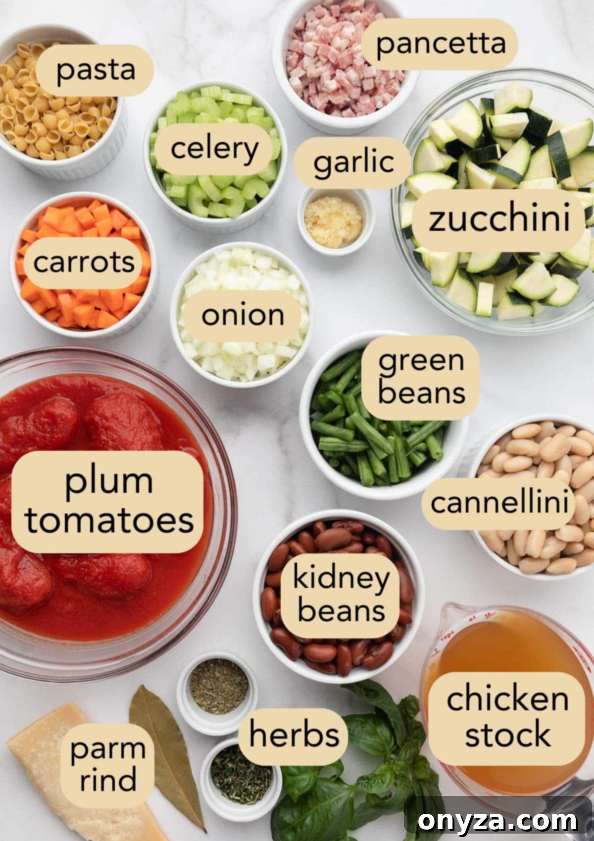 An overhead view of various fresh ingredients, neatly arranged in bowls, required for making Minestrone Soup, with descriptive text labels.