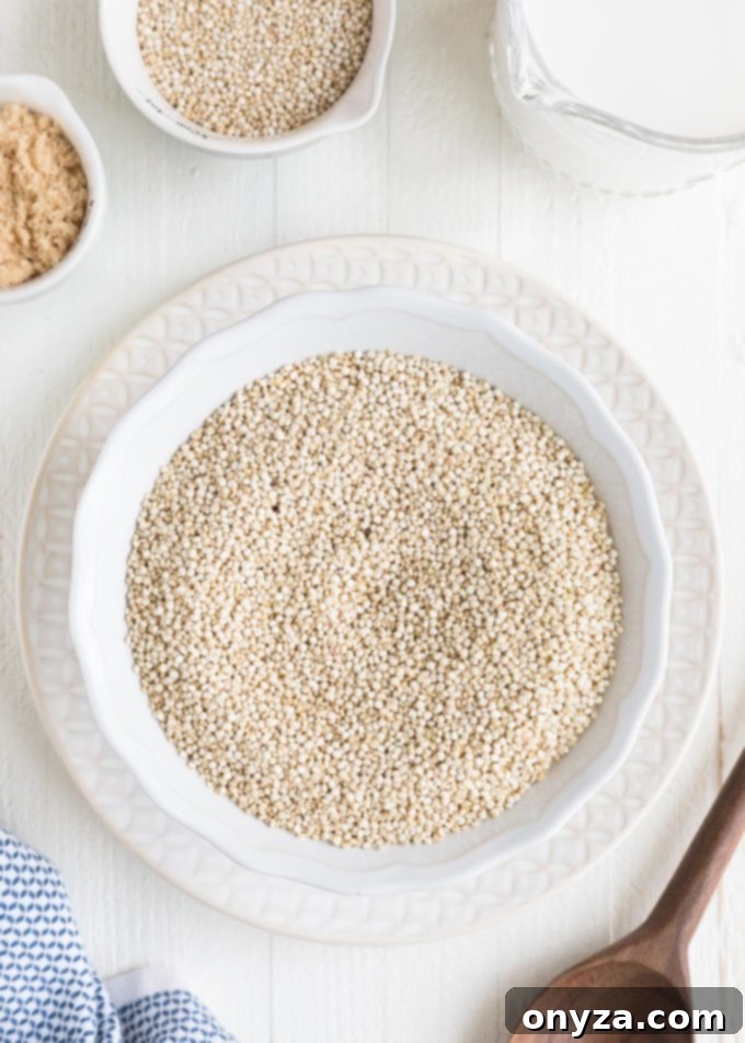 Close-up of uncooked quinoa seeds, showcasing their natural texture and color.