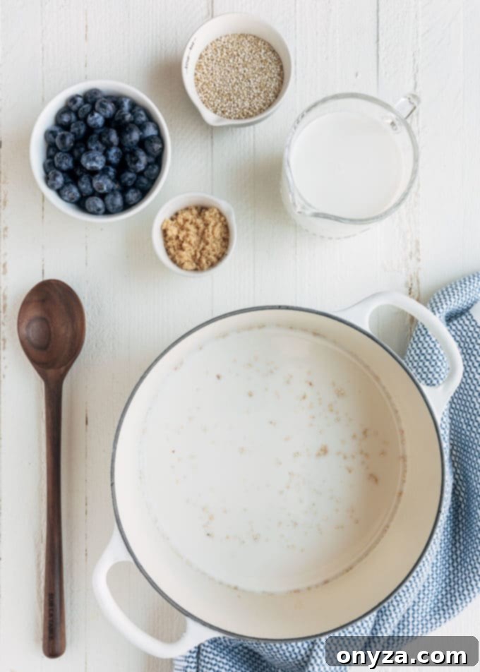 A vibrant collection of ingredients for blueberry breakfast quinoa laid out on a white wooden board, featuring fresh blueberries, quinoa seeds, milk, and spices.