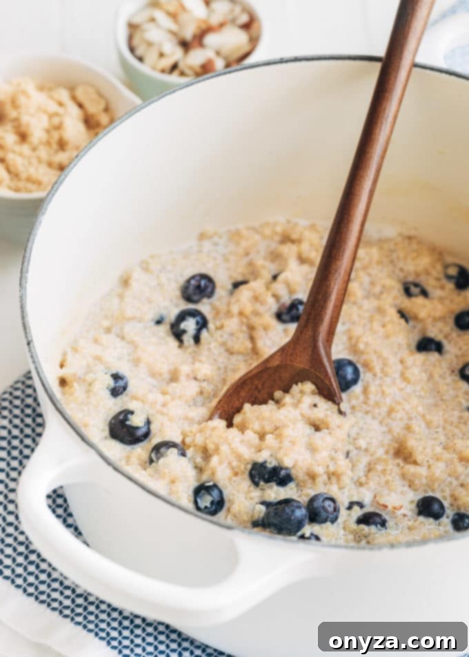 A white pot filled with cooked breakfast quinoa and blueberries, stirred gently with a wooden spoon.
