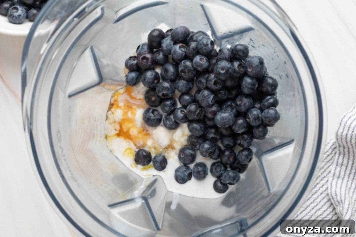 Blueberry Protein Smoothie Bowls 4 An overhead view of a blender canister filled with fresh blueberries, cottage cheese, creamy coconut cream, and golden honey, all ready for blending.