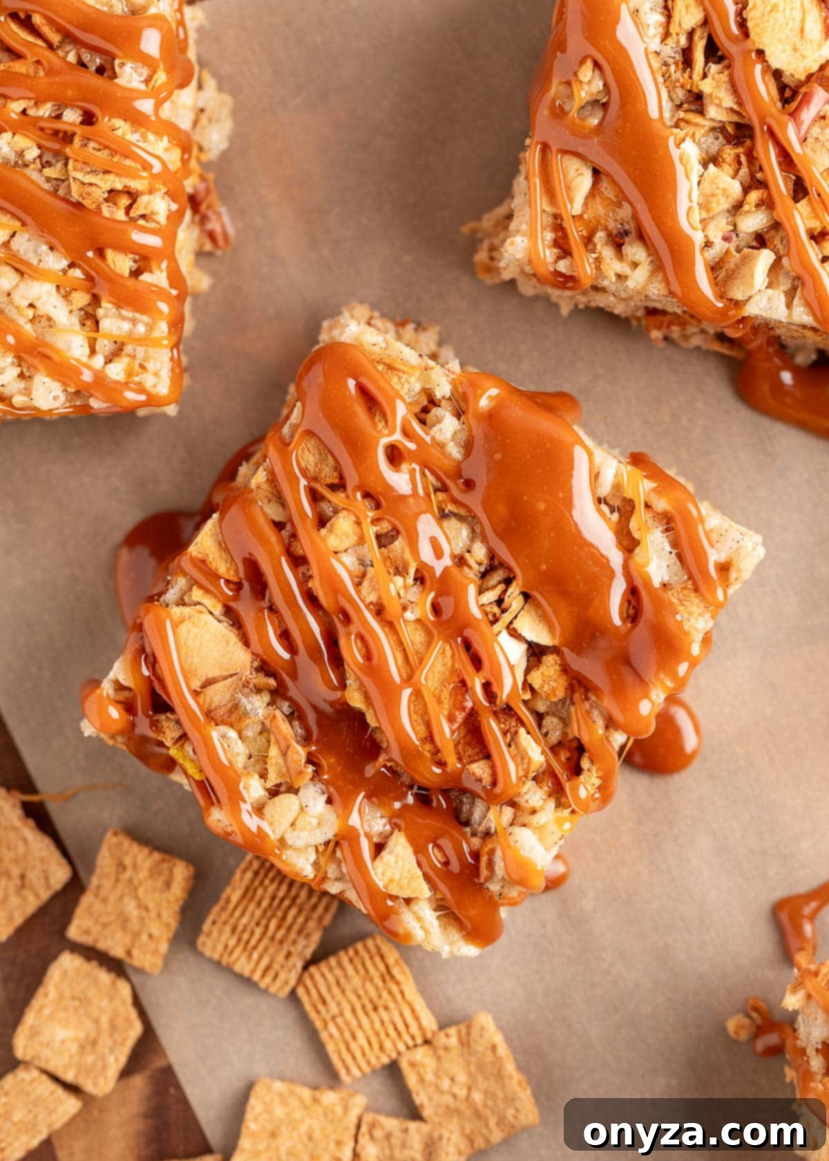 overhead of caramel apple pie rice krispies treats on parchment