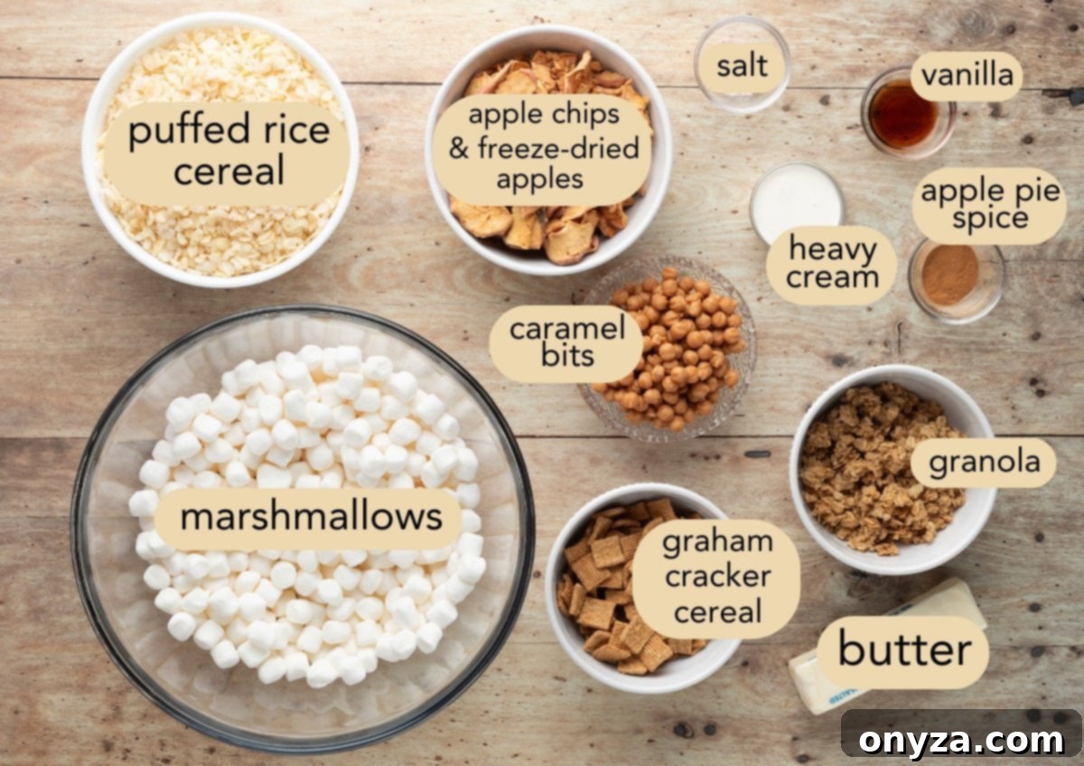 overhead of ingredients needed to make caramel apple pie rice krispies treats with text label overlays