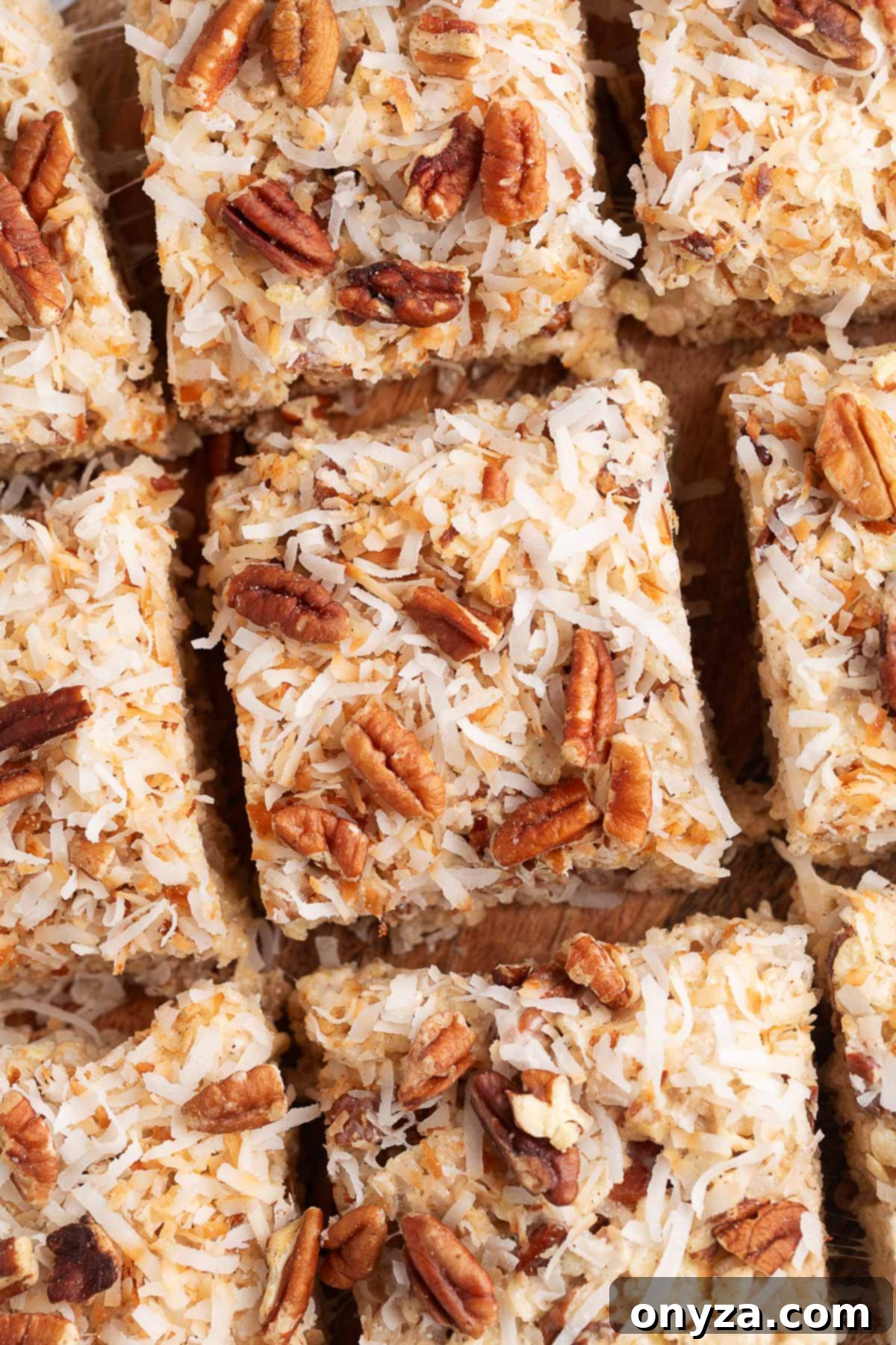 overhead of coconut pecan rice krispie treats cut into squares