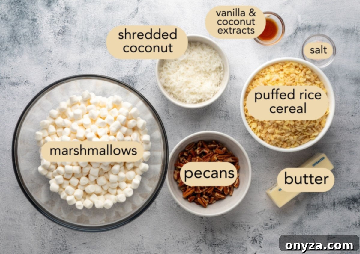 overhead of ingredients needed to make coconut pecan rice krispie treats in bowls with text label overlays