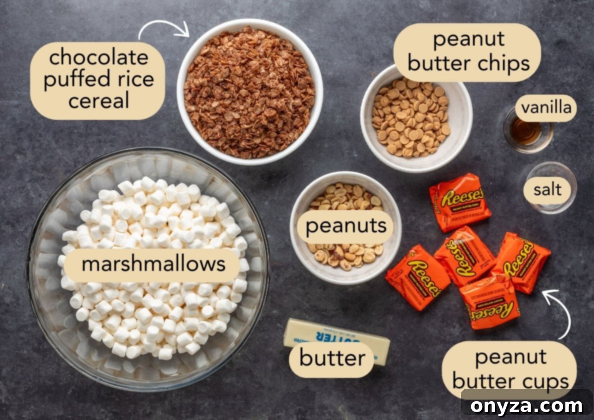 Overhead view of ingredients in bowls on a dark surface for chocolate peanut butter cup rice krispie treats. The labeled ingredients include chocolate puffed rice cereal, mini marshmallows, peanut butter chips, salted peanuts, peanut butter cups (Reese’s brand), butter, vanilla extract, and salt. Each item is arranged in a separate dish with tan text labels pointing to them.