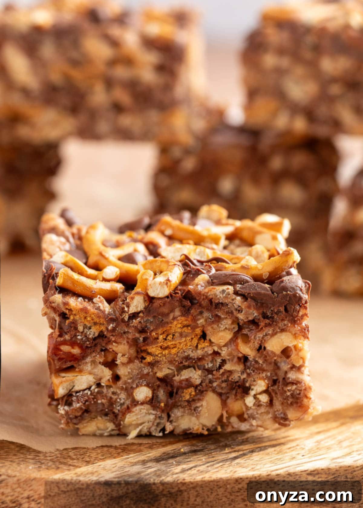 Close-up of a loaded rice krispie treat made with crushed pretzels, peanuts, and cereal pieces coated in a chocolate-marshmallow mixture, with visible layers of sweet and salty mix-ins.
