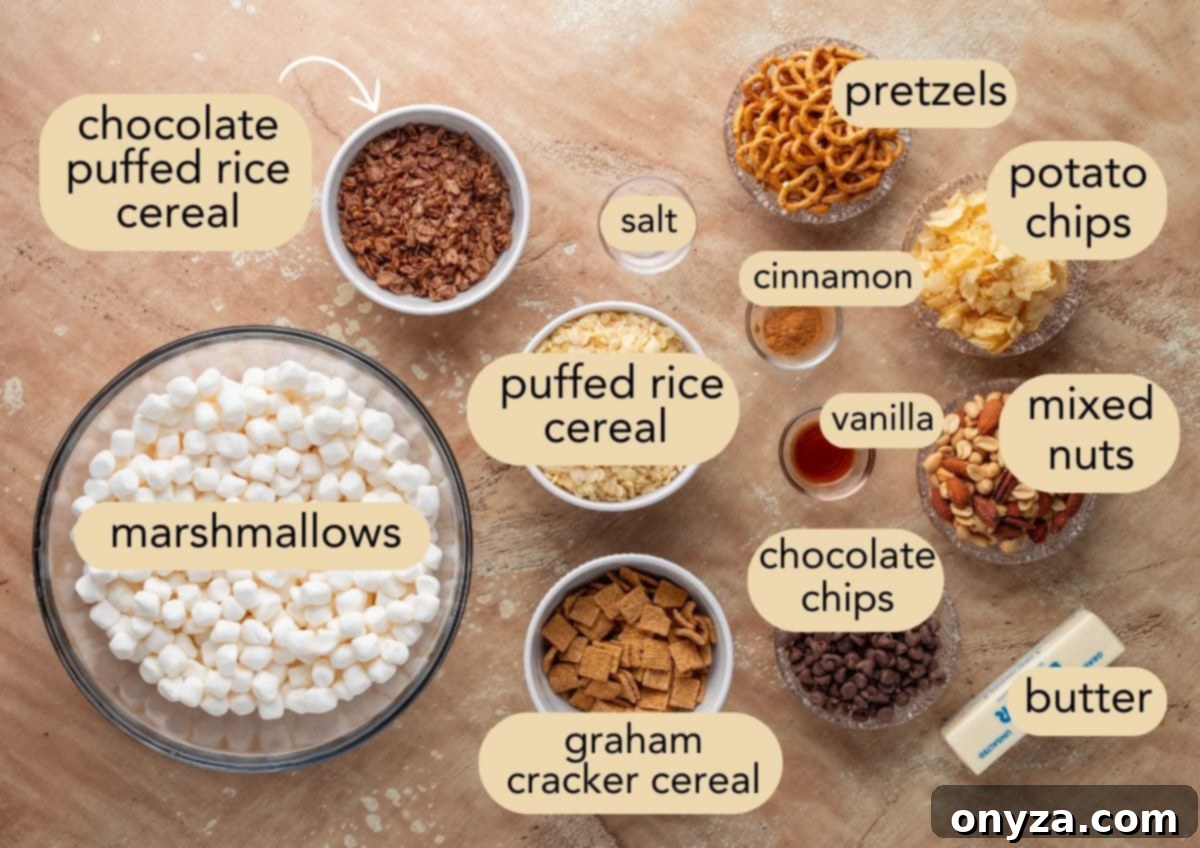 Overhead view of labeled ingredients for loaded rice krispie treats arranged on a tan surface. Ingredients include chocolate puffed rice cereal, puffed rice cereal, graham cracker cereal, mini marshmallows, chocolate chips, pretzels, crushed potato chips, mixed nuts, butter, vanilla extract, ground cinnamon, and salt. Each item is placed in a separate bowl with beige text labels pointing to them.