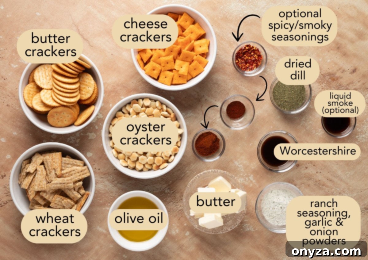 Zesty Dill Ranch Crackers 3 Flat lay of labeled ingredients for Dill Ranch Snack Mix on a beige surface. Bowls of butter crackers, wheat crackers, cheese crackers, and oyster crackers are arranged with olive oil, butter, Worcestershire sauce, ranch seasoning, dried dill, garlic and onion powders, and optional smoky or spicy seasonings, including red pepper flakes, chili powder, and liquid smoke.
